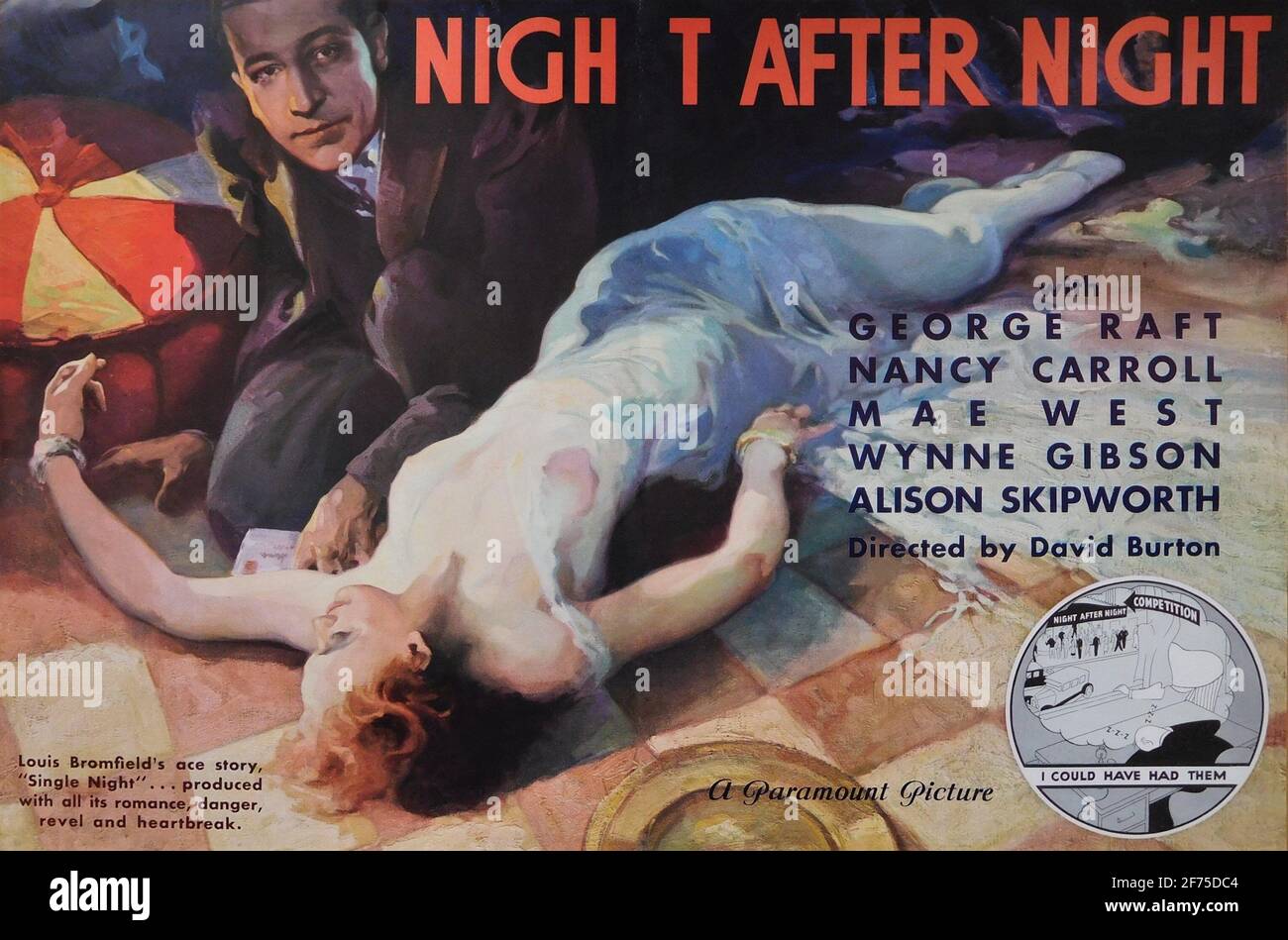 Pre-Production US Trade Ad for GEORGE RAFT NANCY CARROLL (replaced by CONSTANCE CUMMINGS) MAE WEST WYNNE GIBSON and ALISON SKIPWORTH in NIGHT AFTER NIGHT 1932 director DAVID BURTON (replaced by ARCHIE MAYO) Paramount Pictures Stock Photo