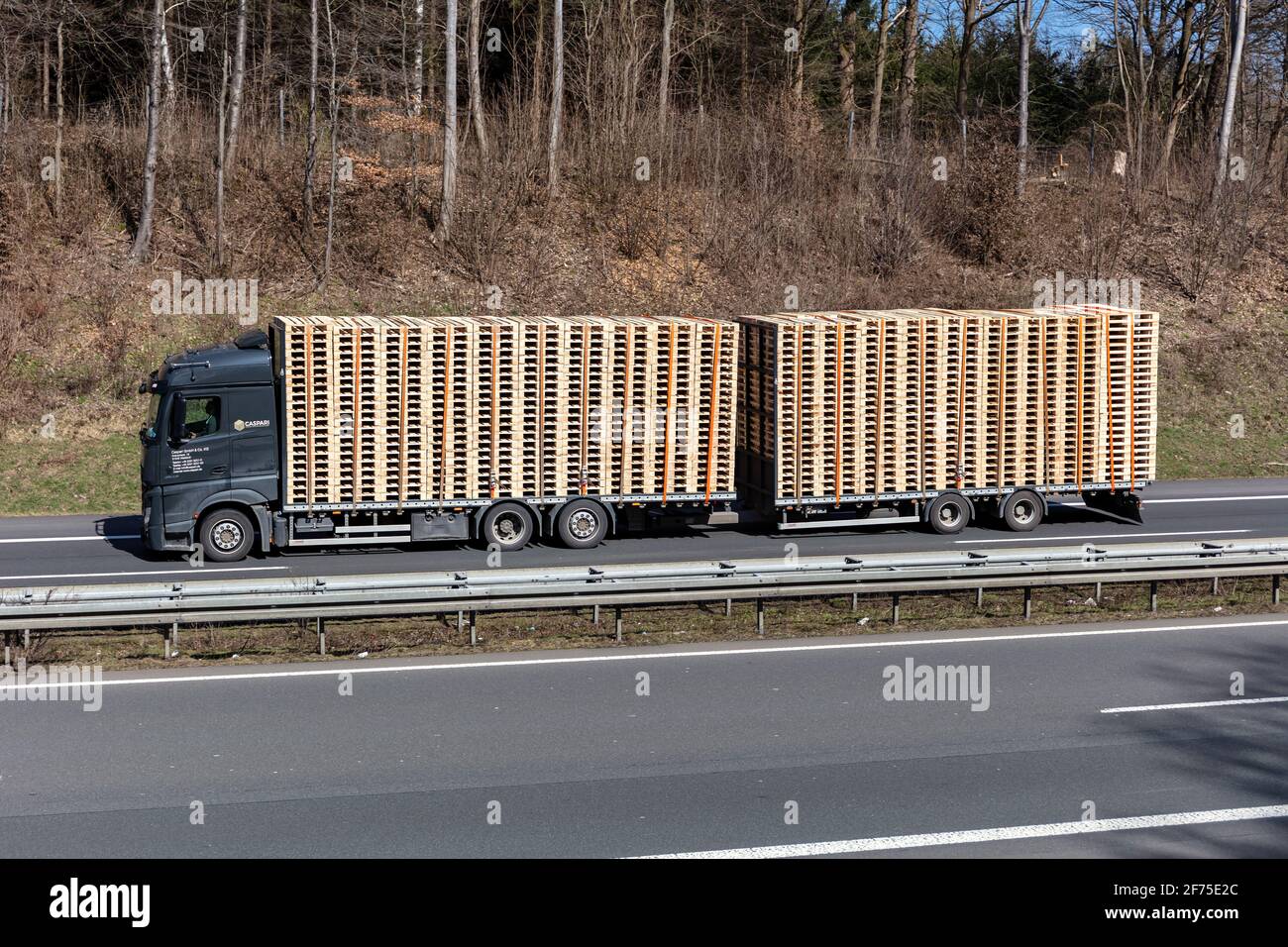 Caspari Mercedes-Benz Actros combination truck on motorway. Stock Photo