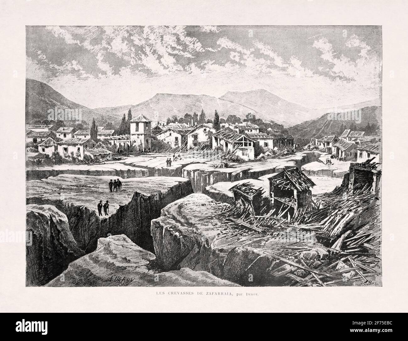 Illustration of the aftermatch the Andalusian earthquake in Zafarraya by Deroy published in January 1885 in the monthly magazine 'Paris illustré'. Stock Photo