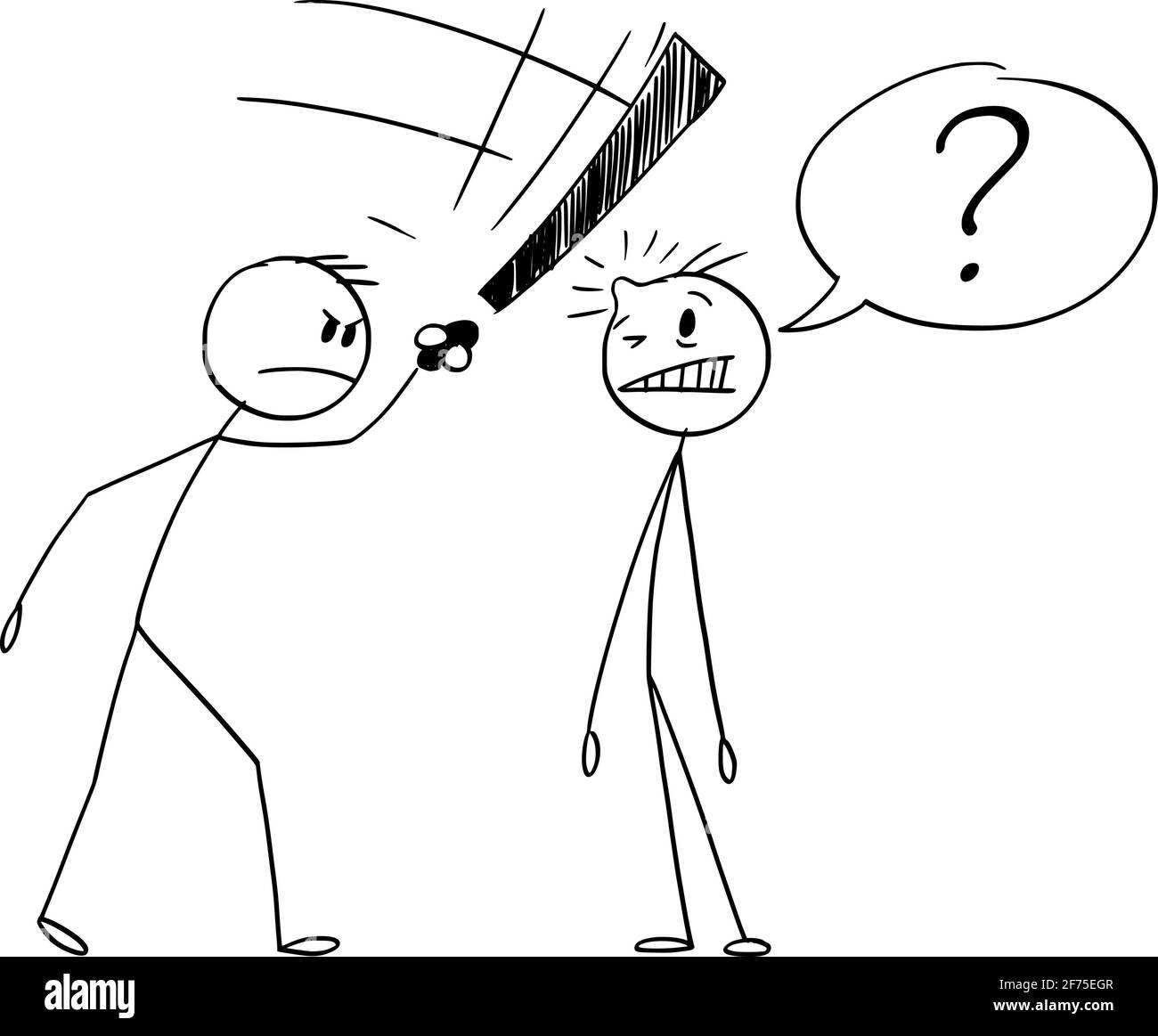 Man Asking Question, Another Man Beating Him by Exclamation Mark, Vector Cartoon Stick Figure Illustration Stock Vector