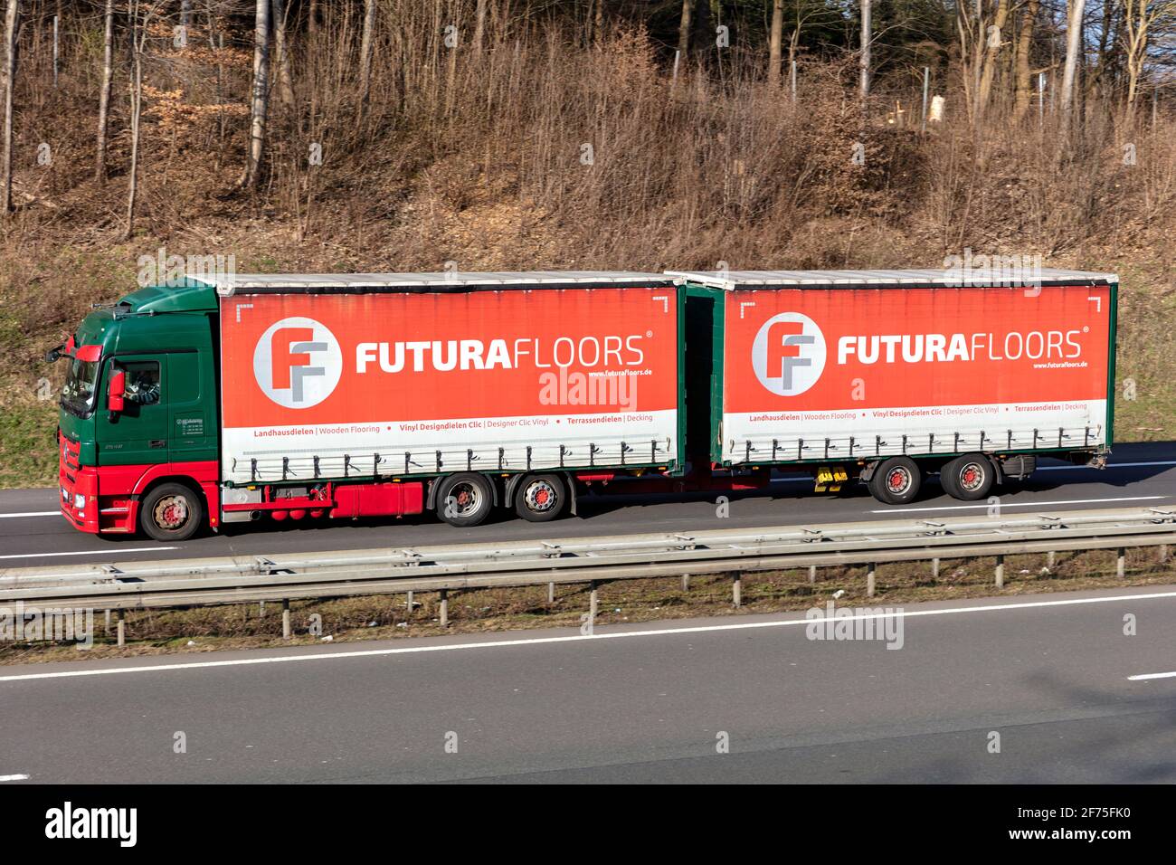 Futura Floors Mercedes-Benz Actros combination truck on motorway. Stock Photo