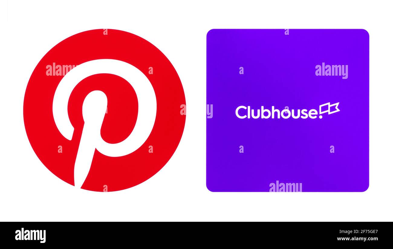 Kiev, Ukraine - March 24, 2021: Popular social media icons, printed on white paper, such as: Pinterest and Clubhouse. Clubhouse is an invitation-only Stock Photo