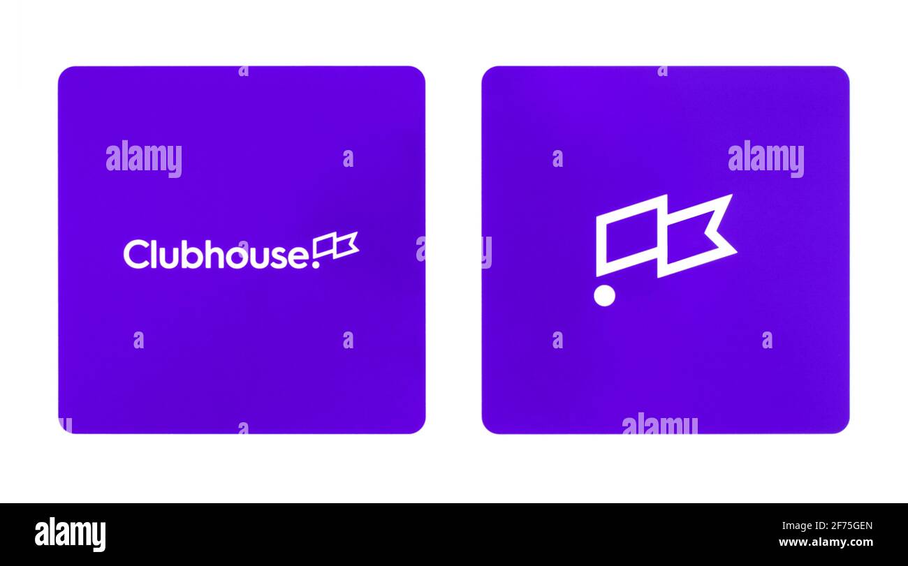 Kiev, Ukraine - March 24, 2021: Set of Clubhouse icons, printed on white paper. Clubhouse is an invitation-only audio-chat iPhone app Stock Photo