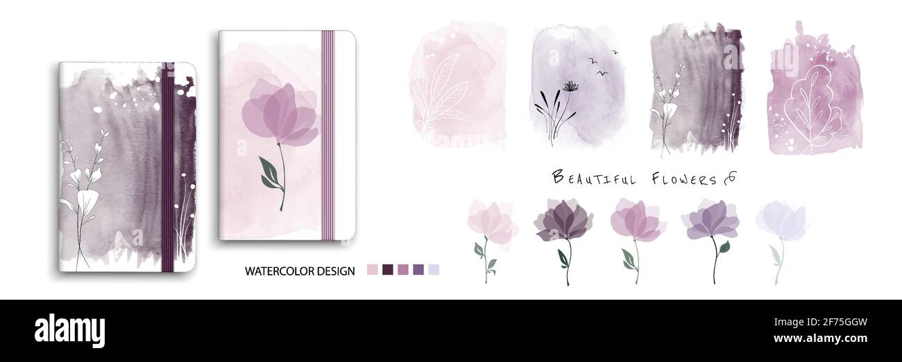 Set of nature watercolor art with beautiful flowers. Artistic vector elements isolated can be used to decorate covers, booklet, greeting cards, poster Stock Vector