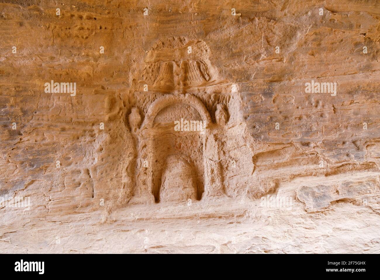 Carvings of the Nabataean in the Siq of Jabal Ithlib in Al Ula, Saudi Arabia Stock Photo