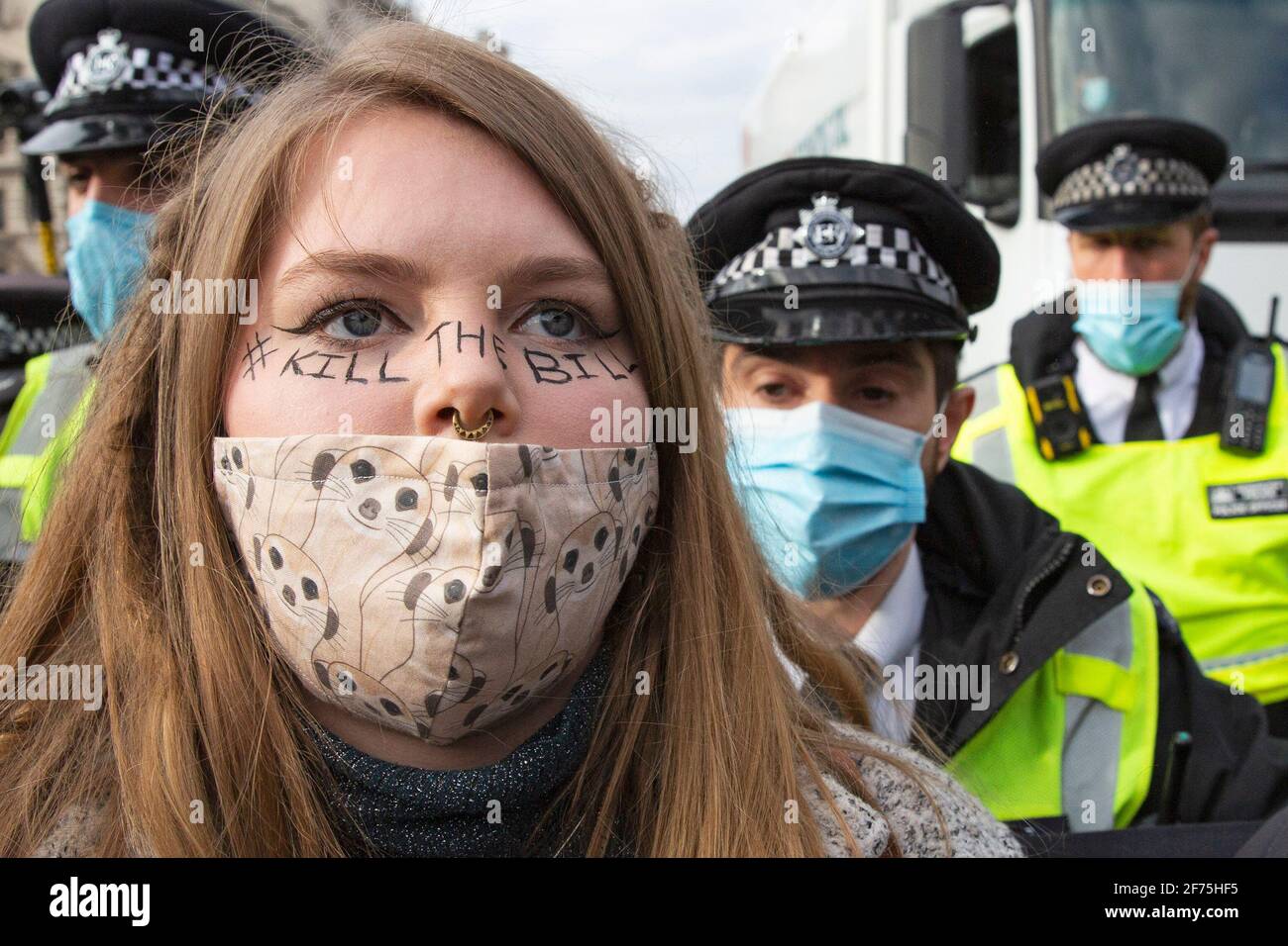Police and Crime Bill Protest in Central London, turns to violence between protestors and Police on April 3rd 2021 Stock Photo