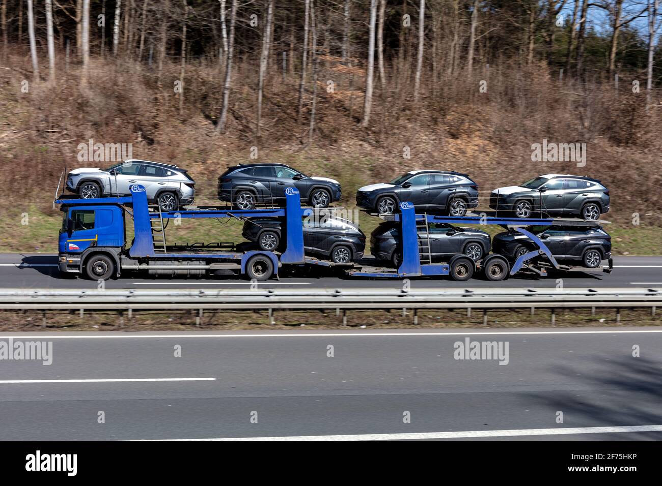 Rimo car-carrying Scania truck loaded with new cars on motorway. Stock Photo