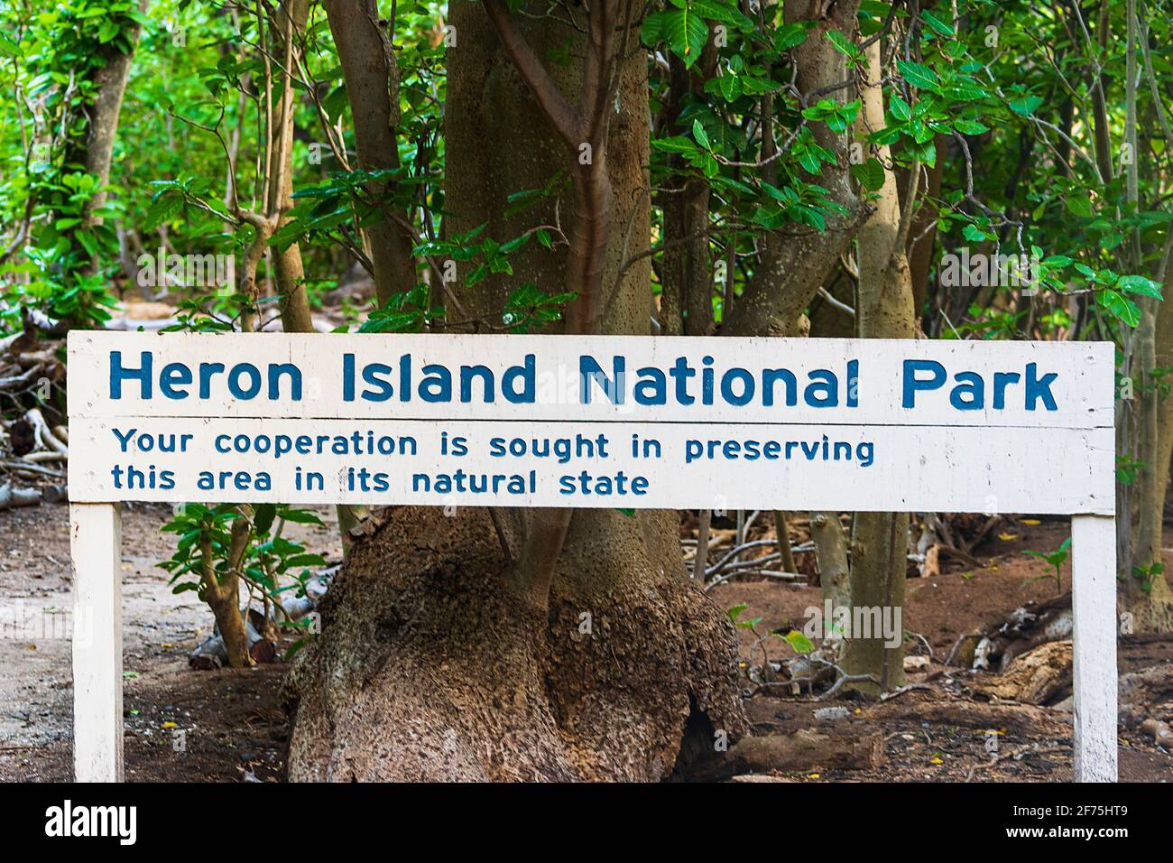 Sign for Heron Island National Park, Southern Great Barrier Reef, Queensland, QLD, Australia Stock Photo