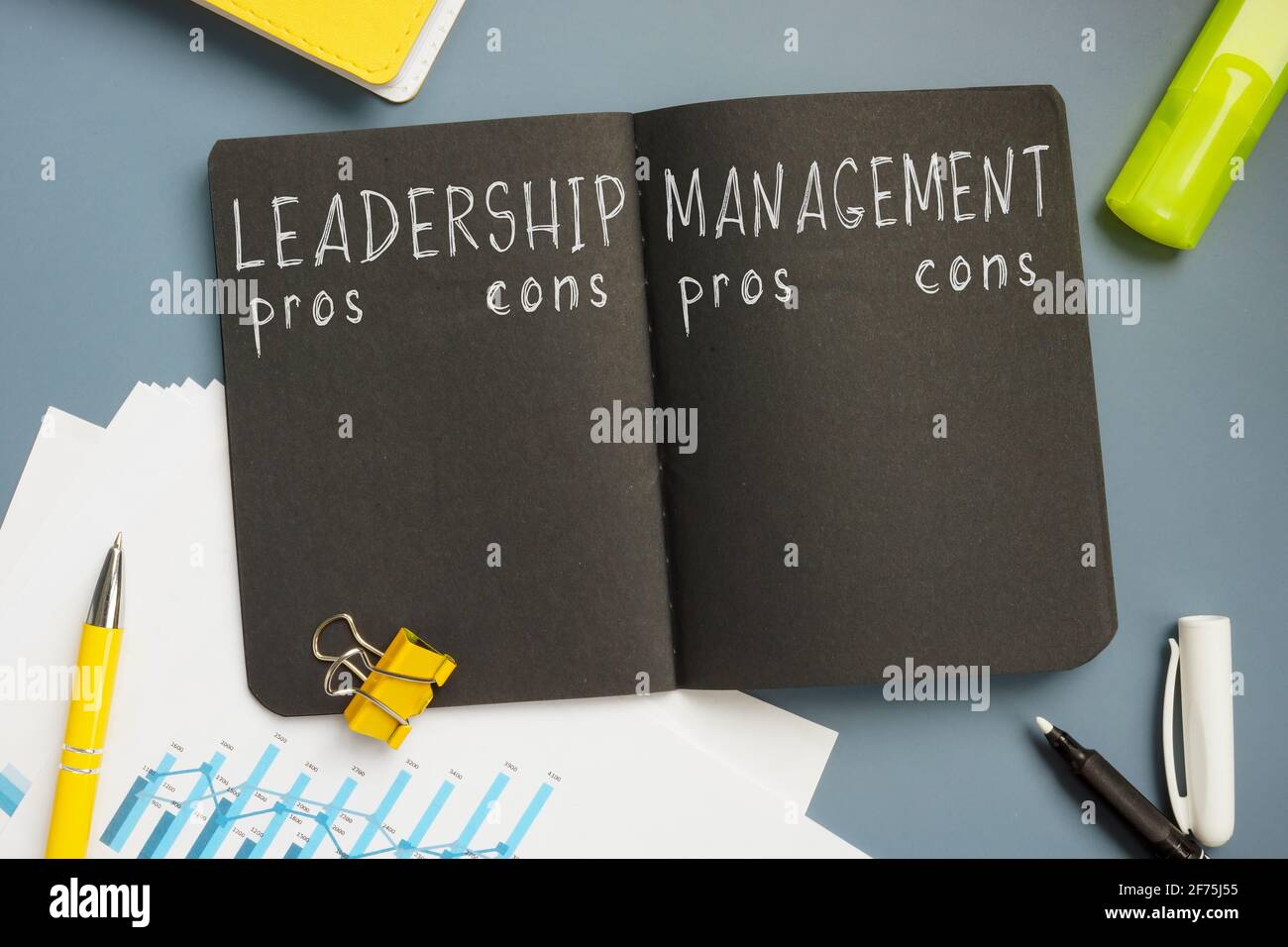 Leadership or management pros and cons comparison. Stock Photo