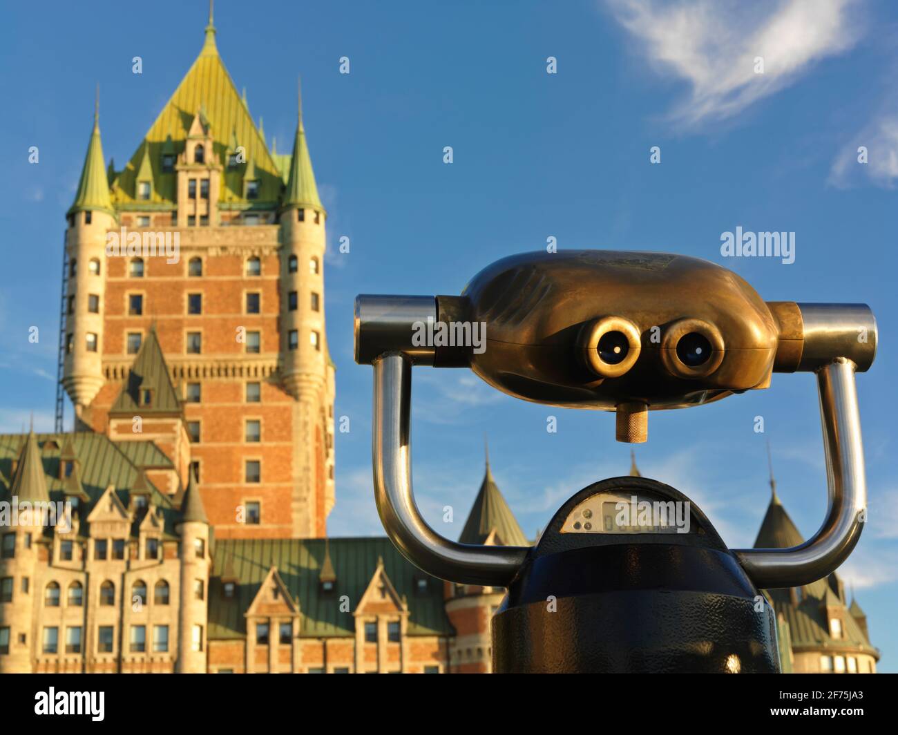 Canada,Quebec,Quebec City, Chateau Frontenac with viewing telescope. Stock Photo