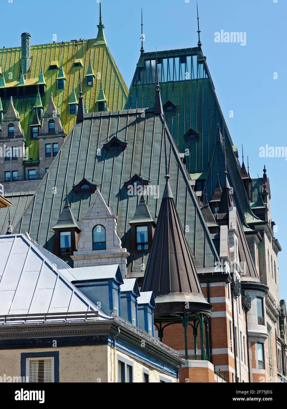 Canada, Quebec, Quebec City, architectural details of buildings, copper roofs Stock Photo