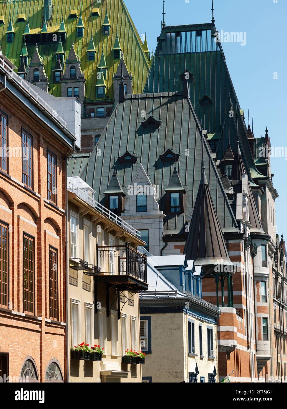 Canada, Quebec, Quebec City,  Chateau Frontenac, a variety of roof lines of Neo-Chateau style clad in copper Stock Photo