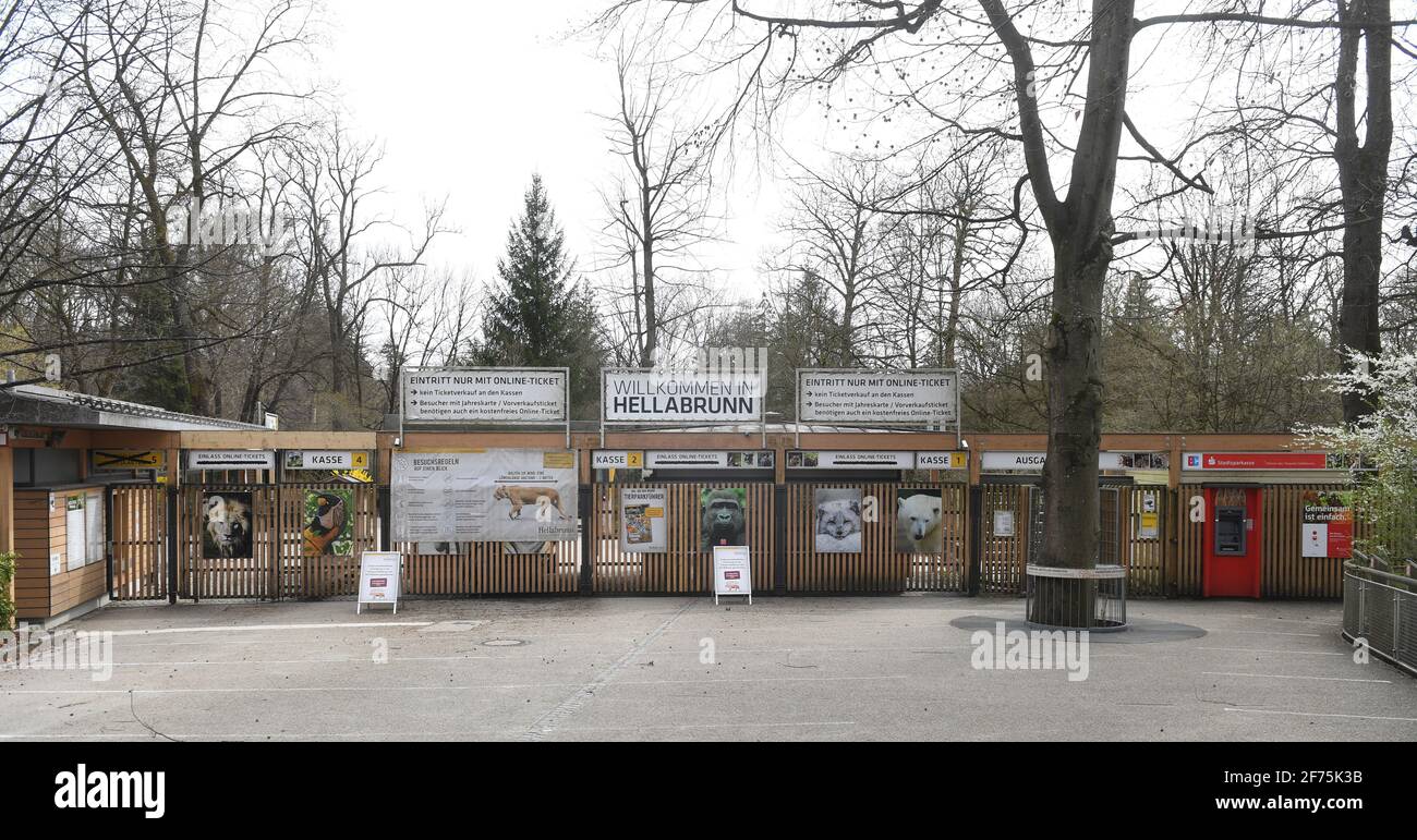 Munich, Germany. 05th Apr, 2021. The entrance gate to Hellabrunn Zoo will be closed on Easter Monday. Due to Corona regulations, the popular excursion spot is not open to visitors. Credit: Felix Hörhager/dpa/Alamy Live News Stock Photo