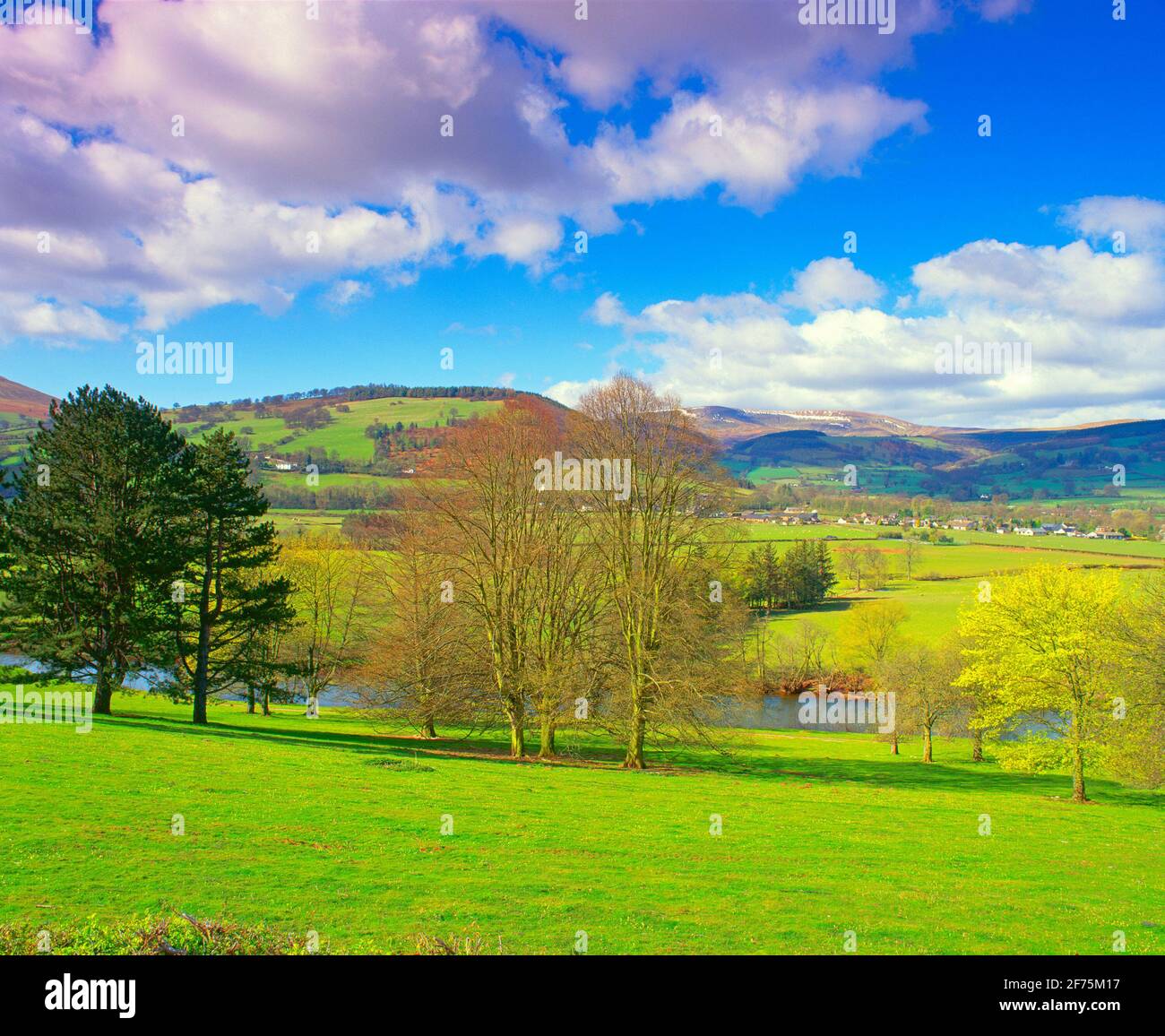 UK, Wales, Powys, view over Usk valley towards Brecon Beacons, spring, Stock Photo