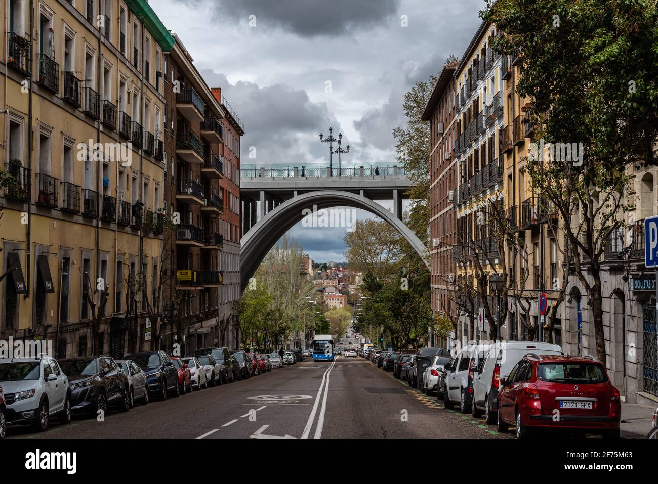 Madrid, Spain - April, 2, 2021: Scenic view of Segovia Viaduct in Central Madrid a cloudy day during Easter Week Stock Photo