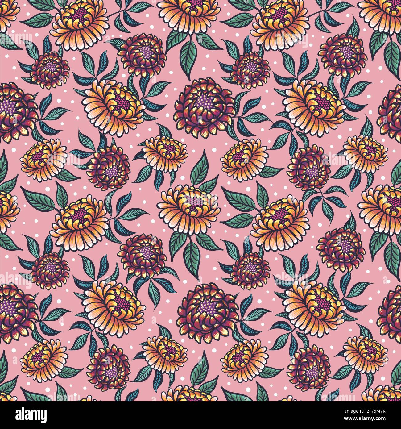 Seamless pink medieval pattern with fantasy flowers in muted colors