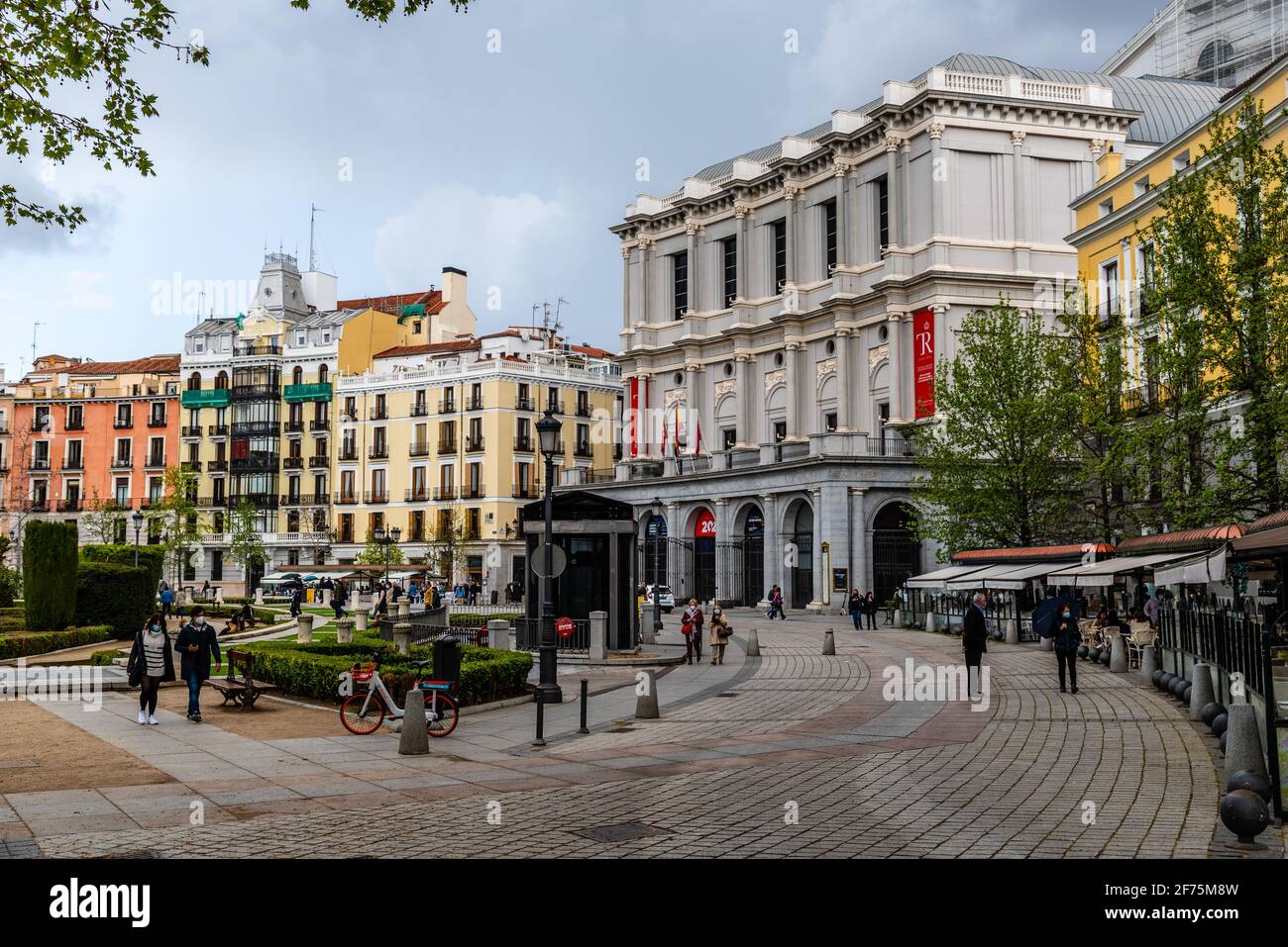Madrid, Spain - April, 2, 2021: Plaza of Oriente in historic centre during the pandemic of covid-19 during Easter Week a rainy day Stock Photo