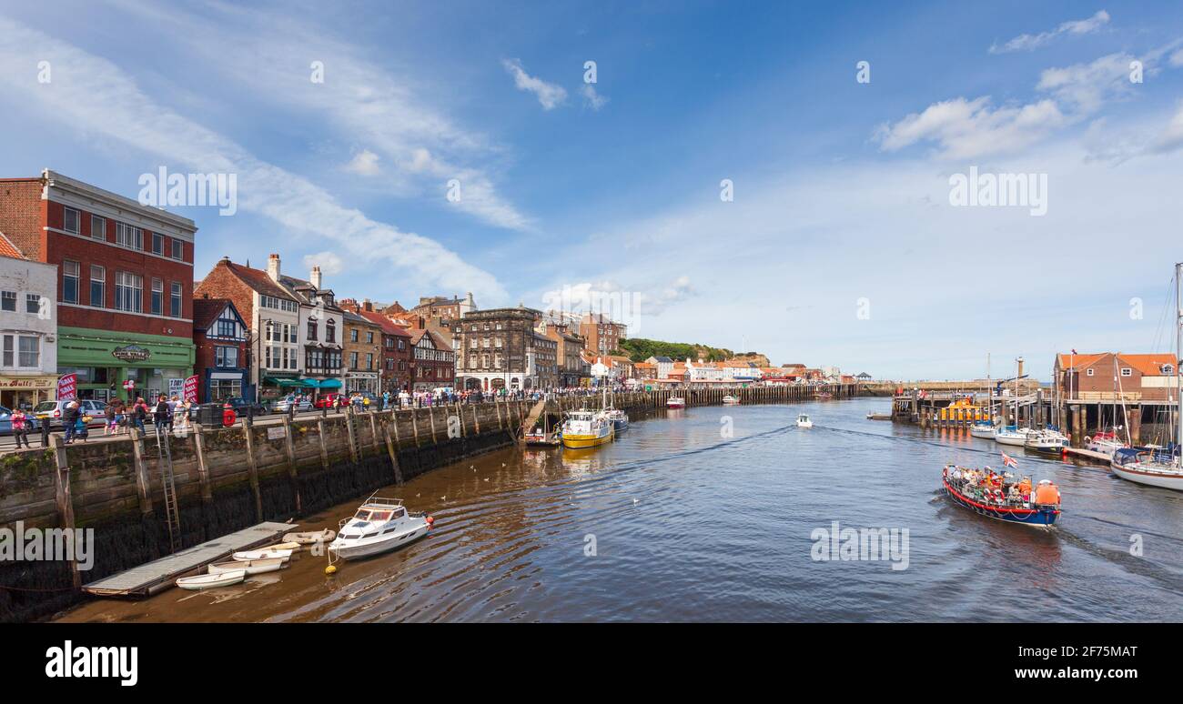 Summer view of the river Esk, quayside and old town at Whitby on the Yorkshire coast Stock Photo