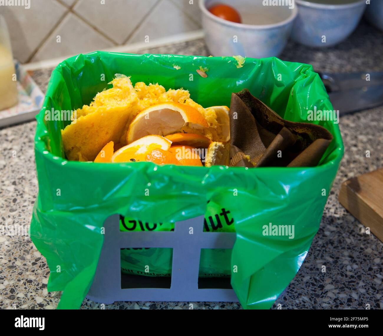 FOOD WASTE  is collected in recled plastic bags to rotting and produce gas for vehicles and to obtain biofertilizer Stock Photo