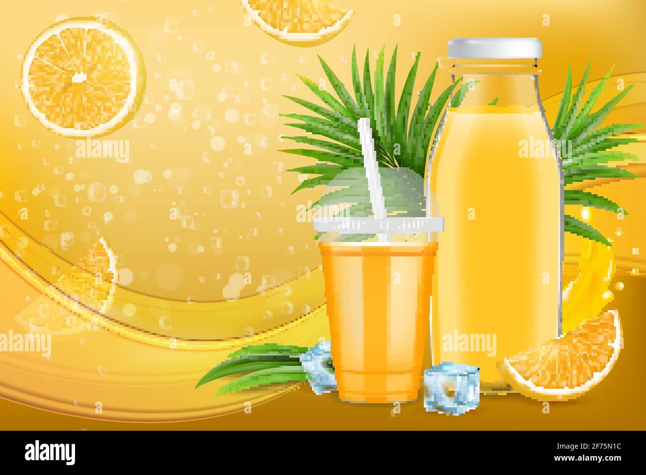 Orange juice ads. Tasty citrus juice package design, promotion poster