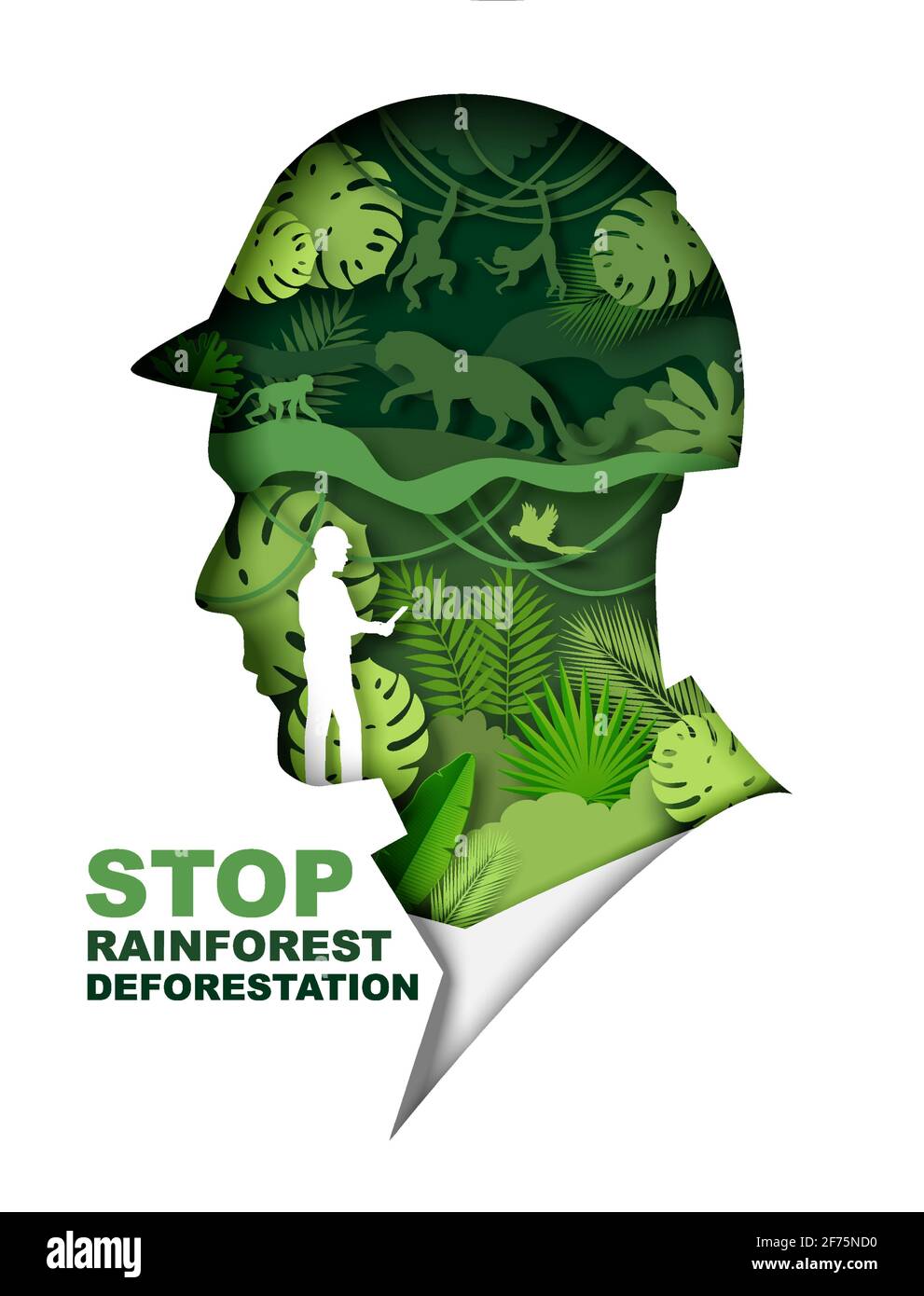 Stop rainforest deforestation poster, banner template. Vector paper cut green jungle plants, animals inside of man head. Stock Vector