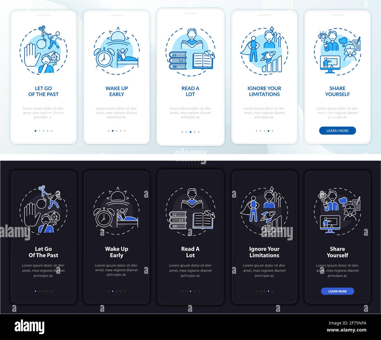Self-development tips onboarding mobile app page screen with concepts Stock Vector