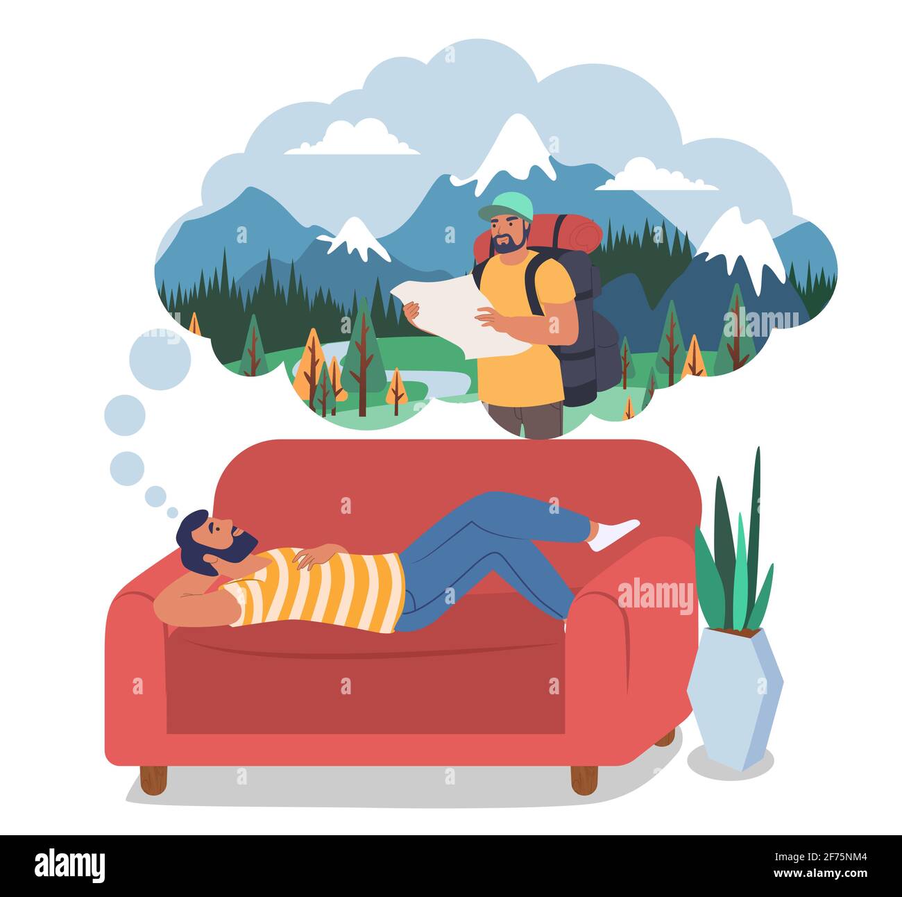 Man dreaming about travel, hiking, trekking lying on sofa, flat vector illustration. Summer vacation, travel planning Stock Vector