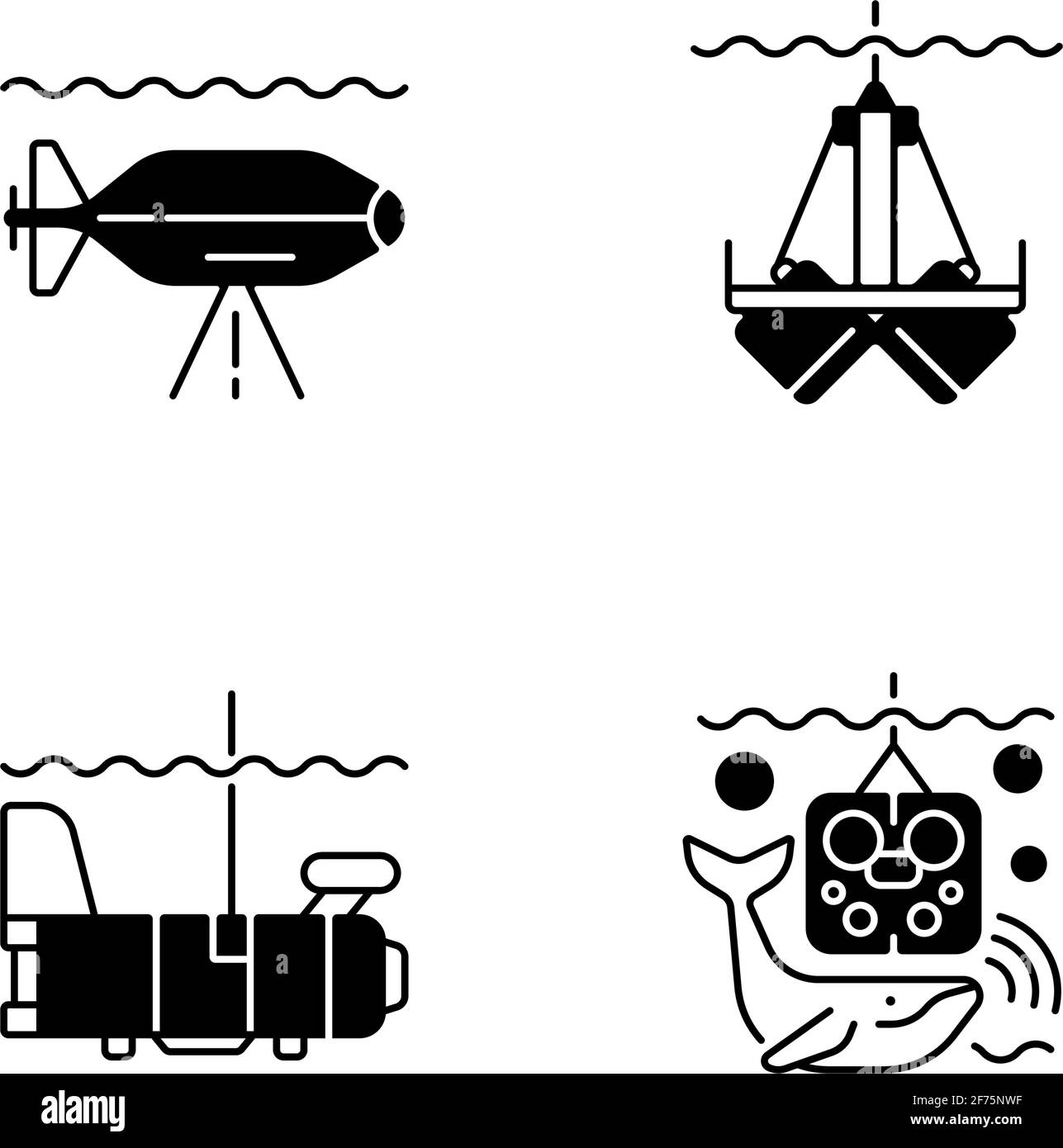Marine exploration black linear icons set Stock Vector