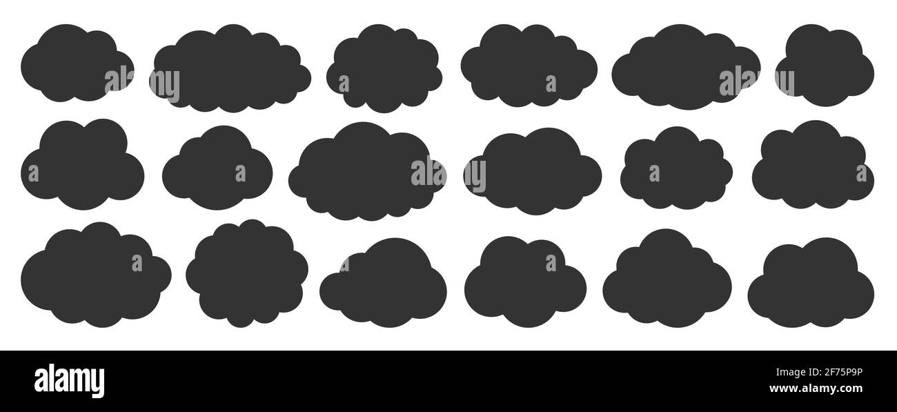 Black flat vector cloud set. Clouds cartoon symbols on white background ...