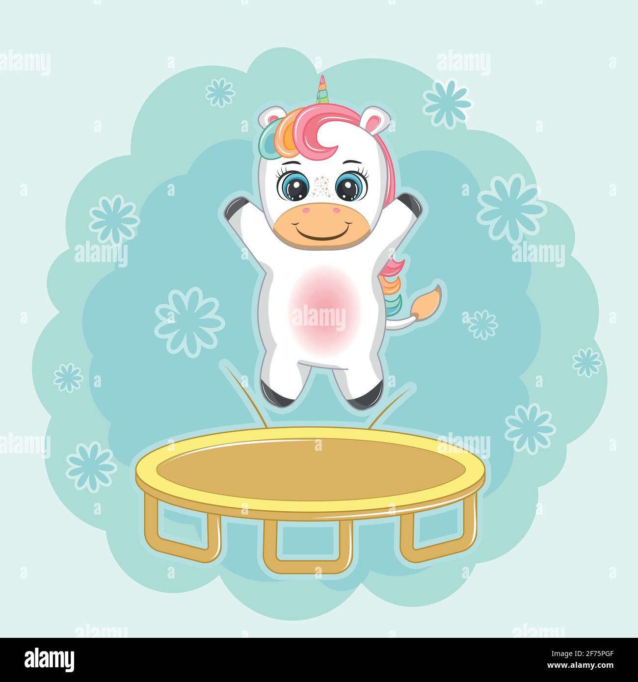 Cute happy cartoon unicorn jumping trampoline. Greeting card Stock Vector  Image & Art - Alamy