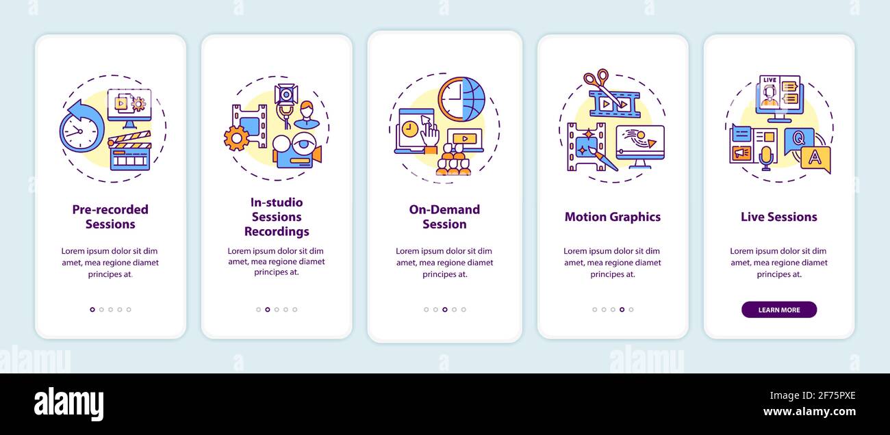 Virtual event content onboarding mobile app page screen with concepts Stock Vector