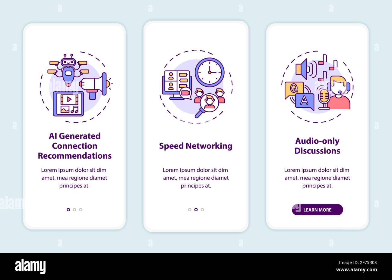 Virtual events for networking onboarding mobile app page screen with concepts Stock Vector