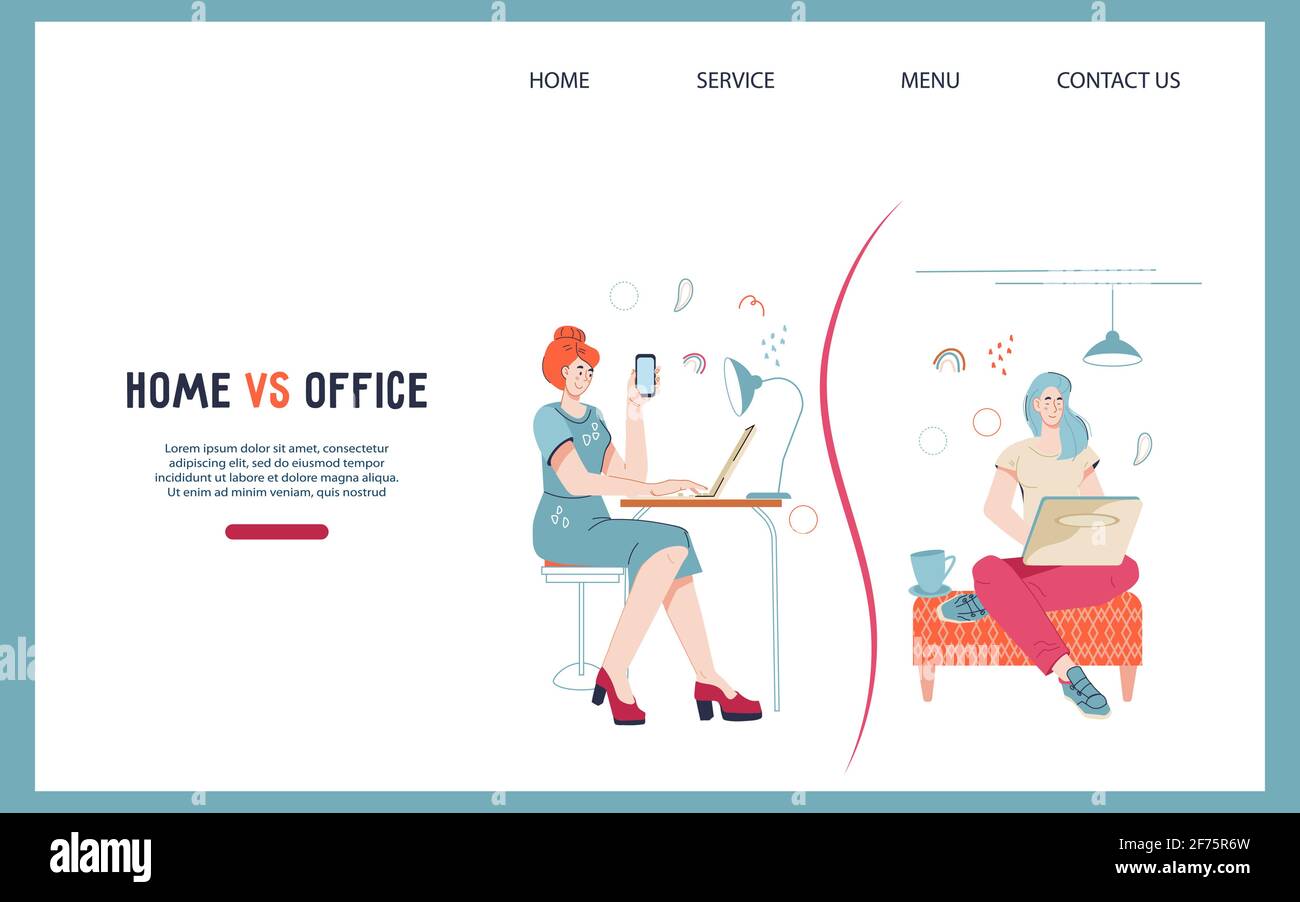 Freelancer remote occupation vs office work website banner. Landing
