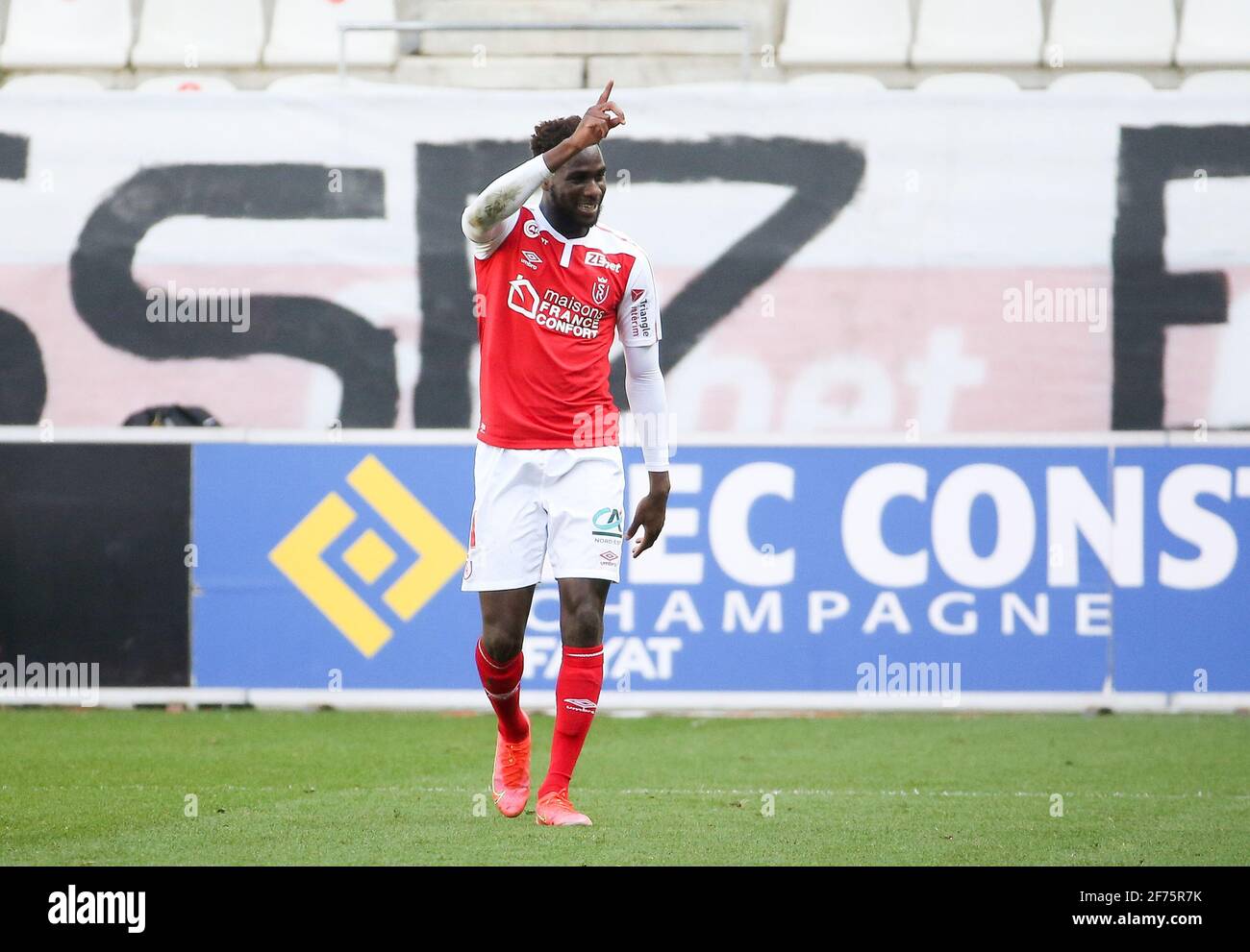 Boulaye Dia of Reims celebrates his goal during the French championship Ligue  1 football match between Stade de Reims and Stade Rennais (Rennes) on April  4, 2021 at Stade Auguste Delaune in