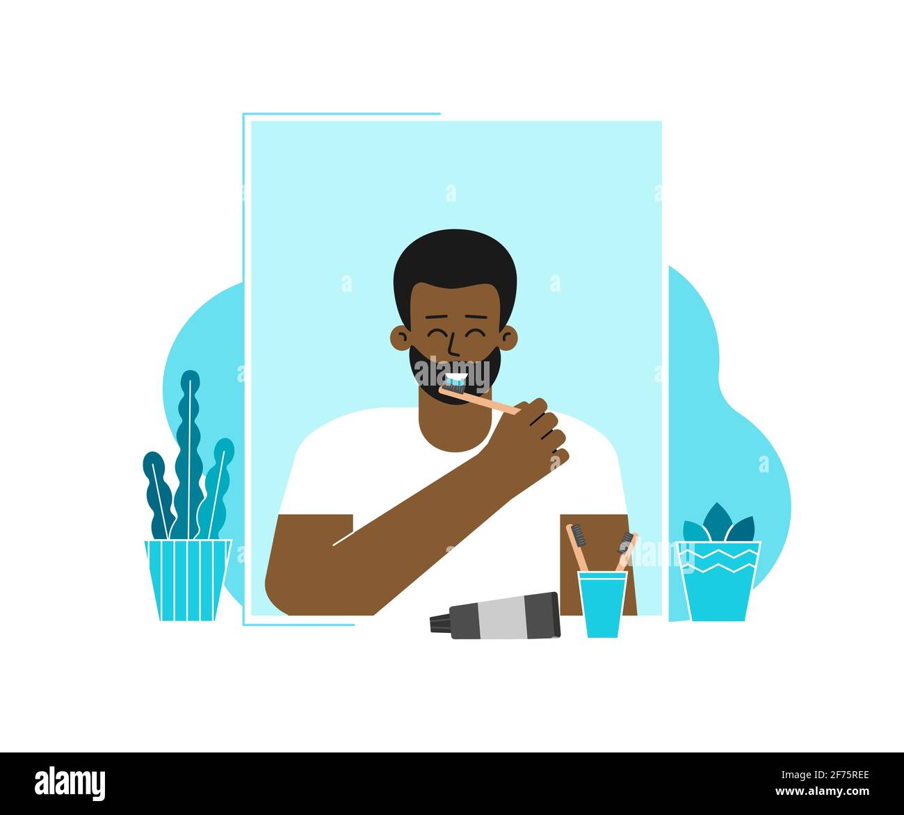 Vector flat concept. Dental daily life illustration. African man's cleaning teeth by bamboo toothbrushes, paste. Guy stands in front of mirror, smiles Stock Vector
