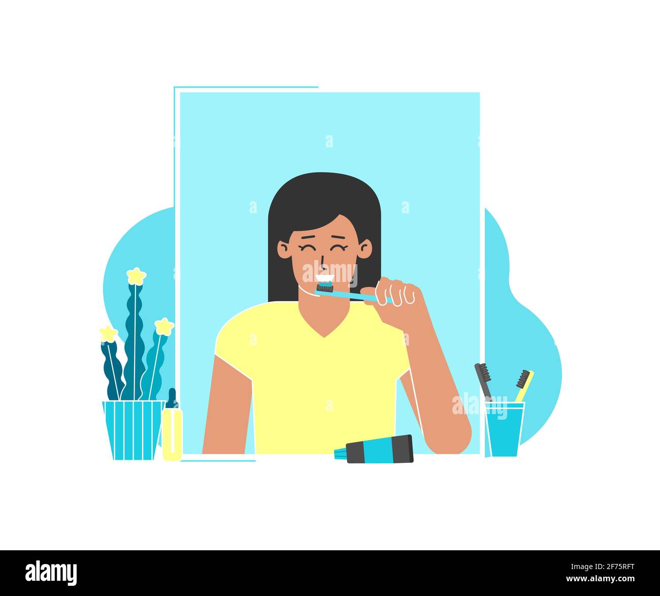 Vector flat isolated illustration. Dental daily routine concept. Happy brunette woman is cleaning teeth by toothbrushes, black paste Stock Vector