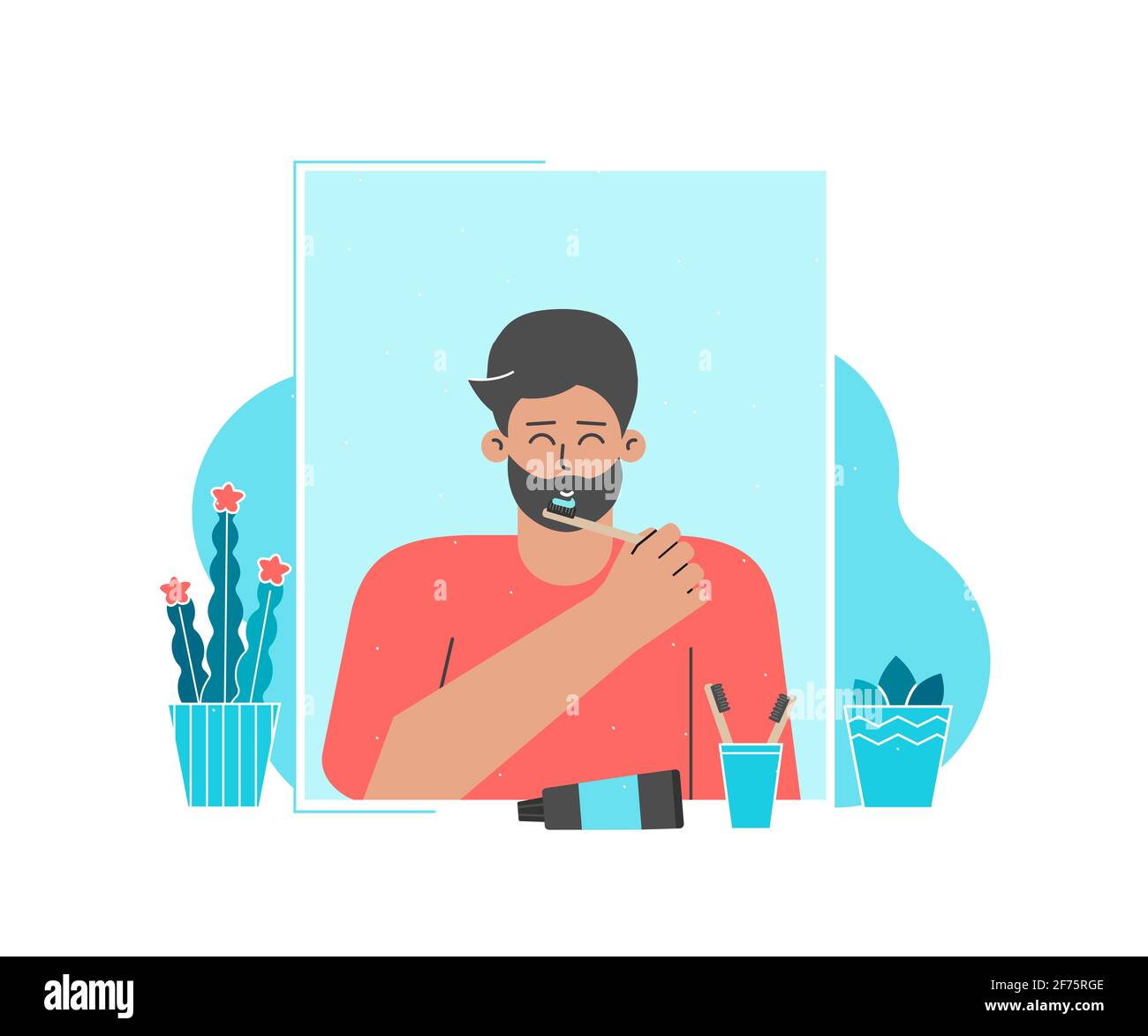 Vector flat illustration. Dental daily life concept. Happy latin man is cleaning teeth by bamboo toothbrushes, paste in front of mirror. Guy smiles. Stock Vector
