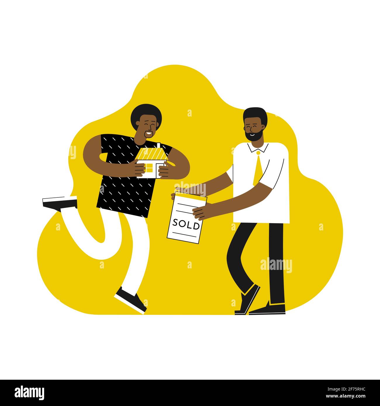 Vector illustration. African american customer got home, mortgage broker gave him document for ownership after bank approved loan to buy home. Stock Vector