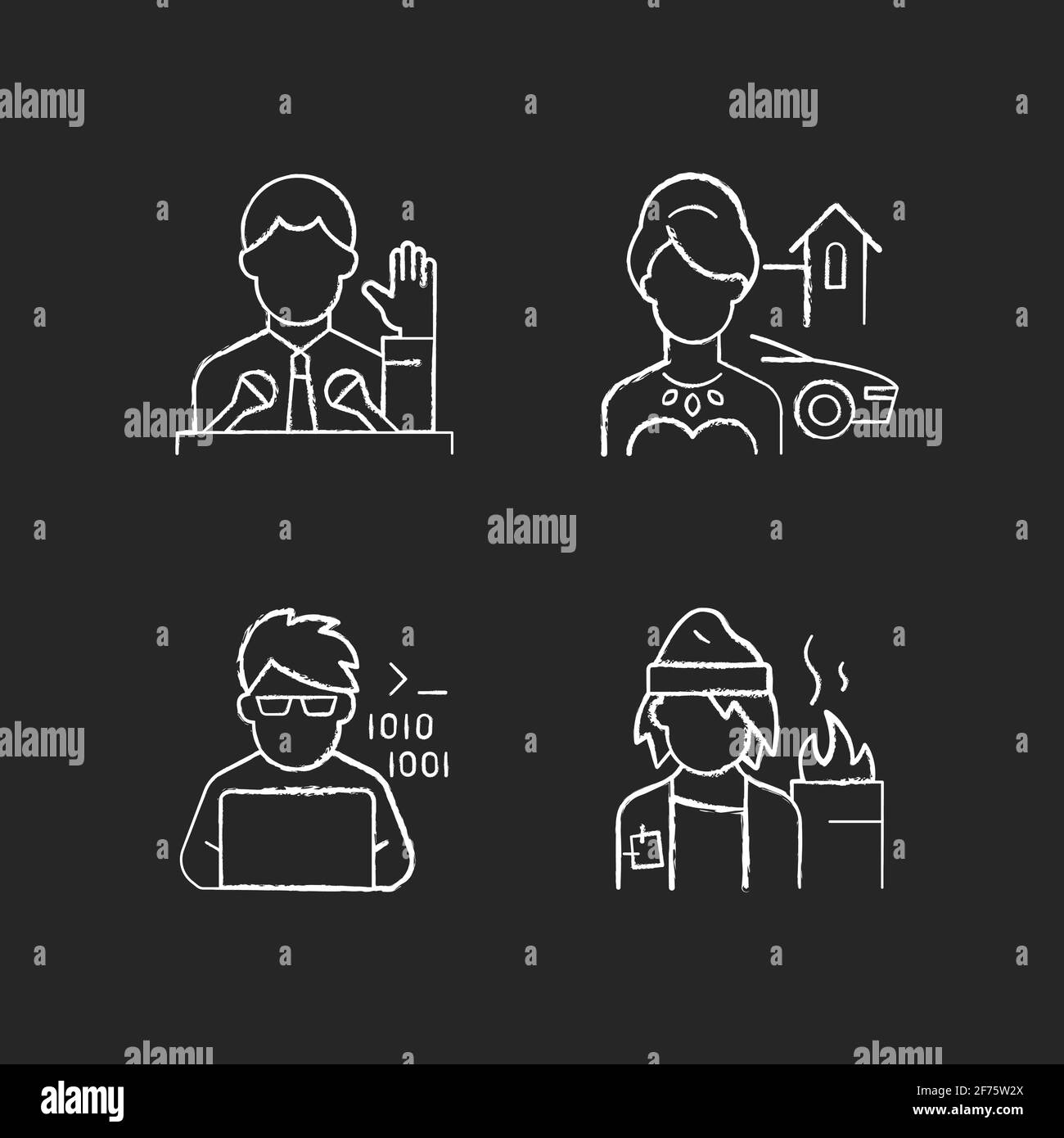 Social status type chalk white icons set on black background Stock