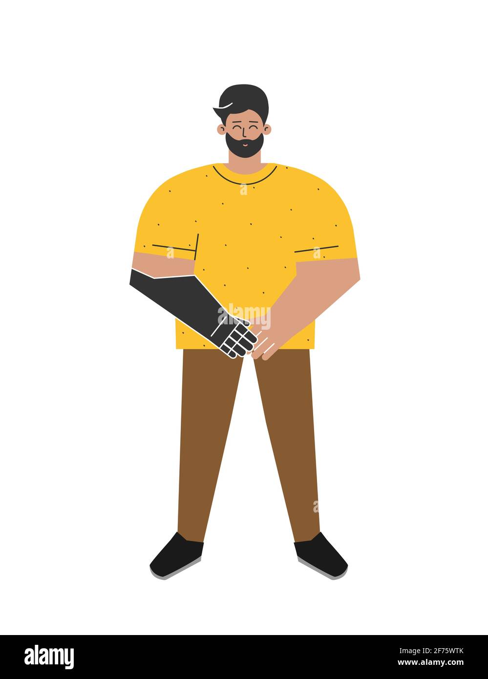 Vector isolated flat illustration with disabled guy. Cartoon latin man has artificial limb after amputation. He is happy to use bionic arm as adaptive Stock Vector