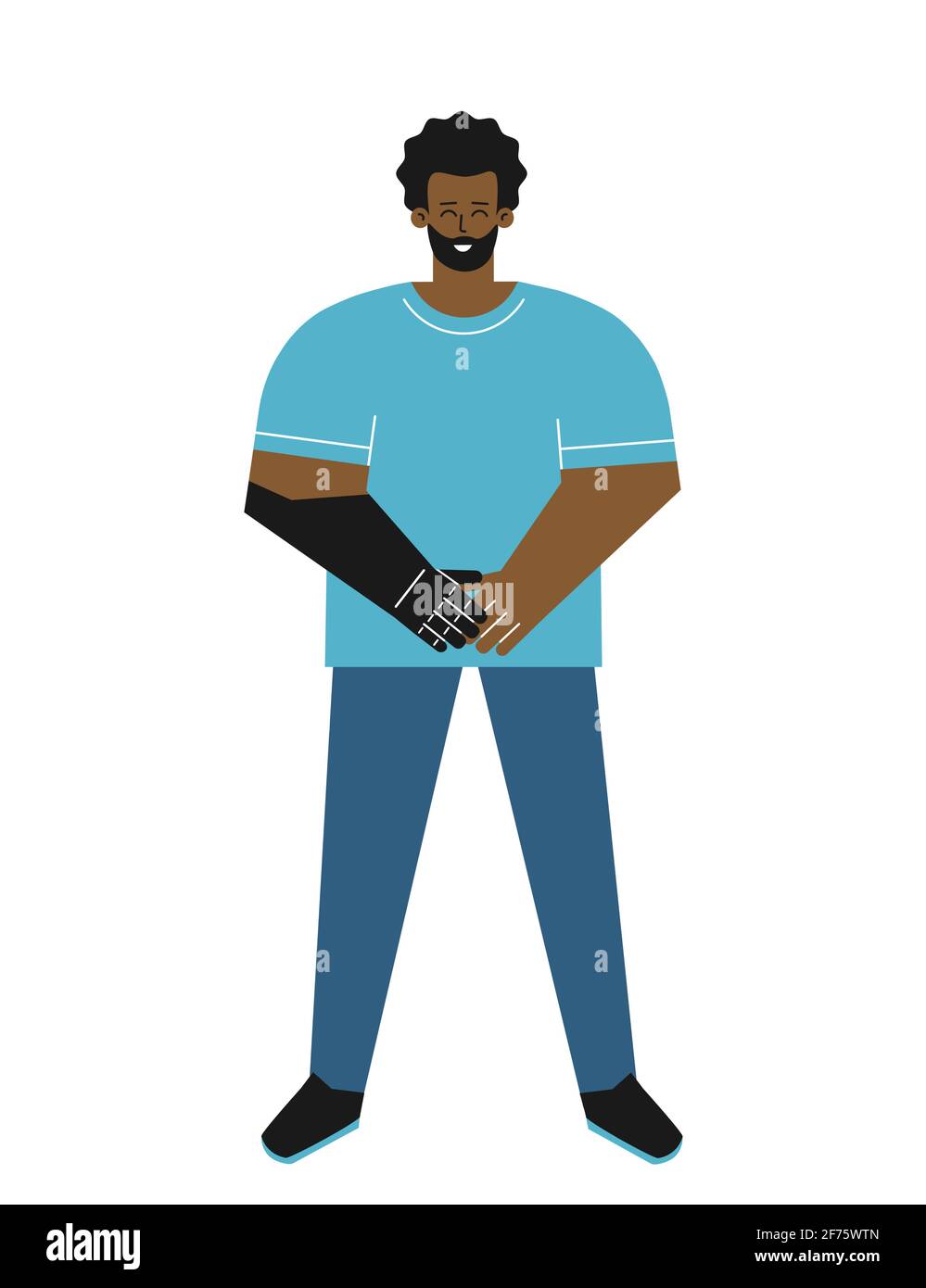 Vector isolated flat illustration with disabled guy. Cartoon african american man has artificial limb after amputation. He's happy to use bionic arm Stock Vector