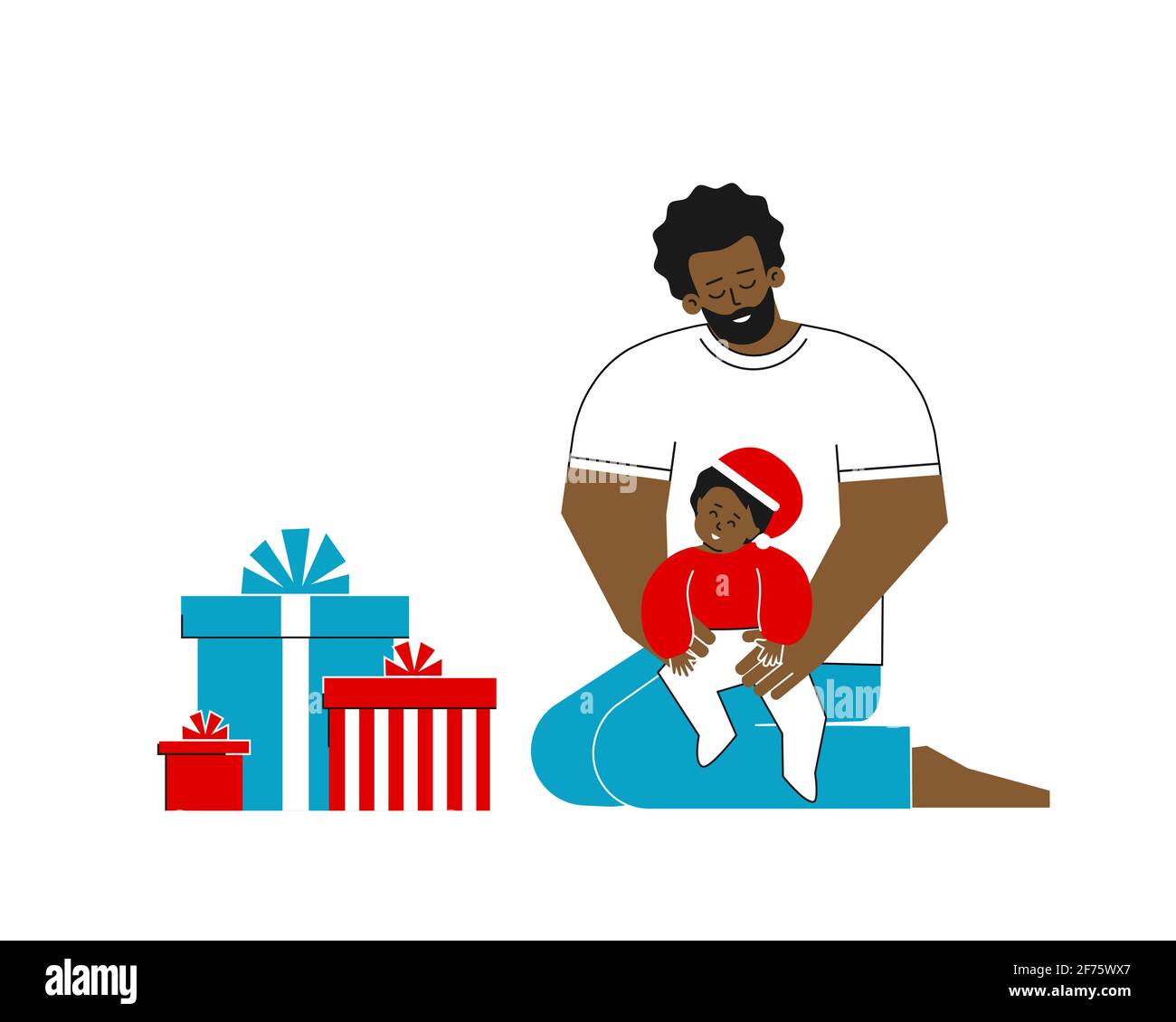 Vector isolated flat concept. Cartoon cute african american man is celebrating Christmas, holding happy little child in his arms. Template for design Stock Vector