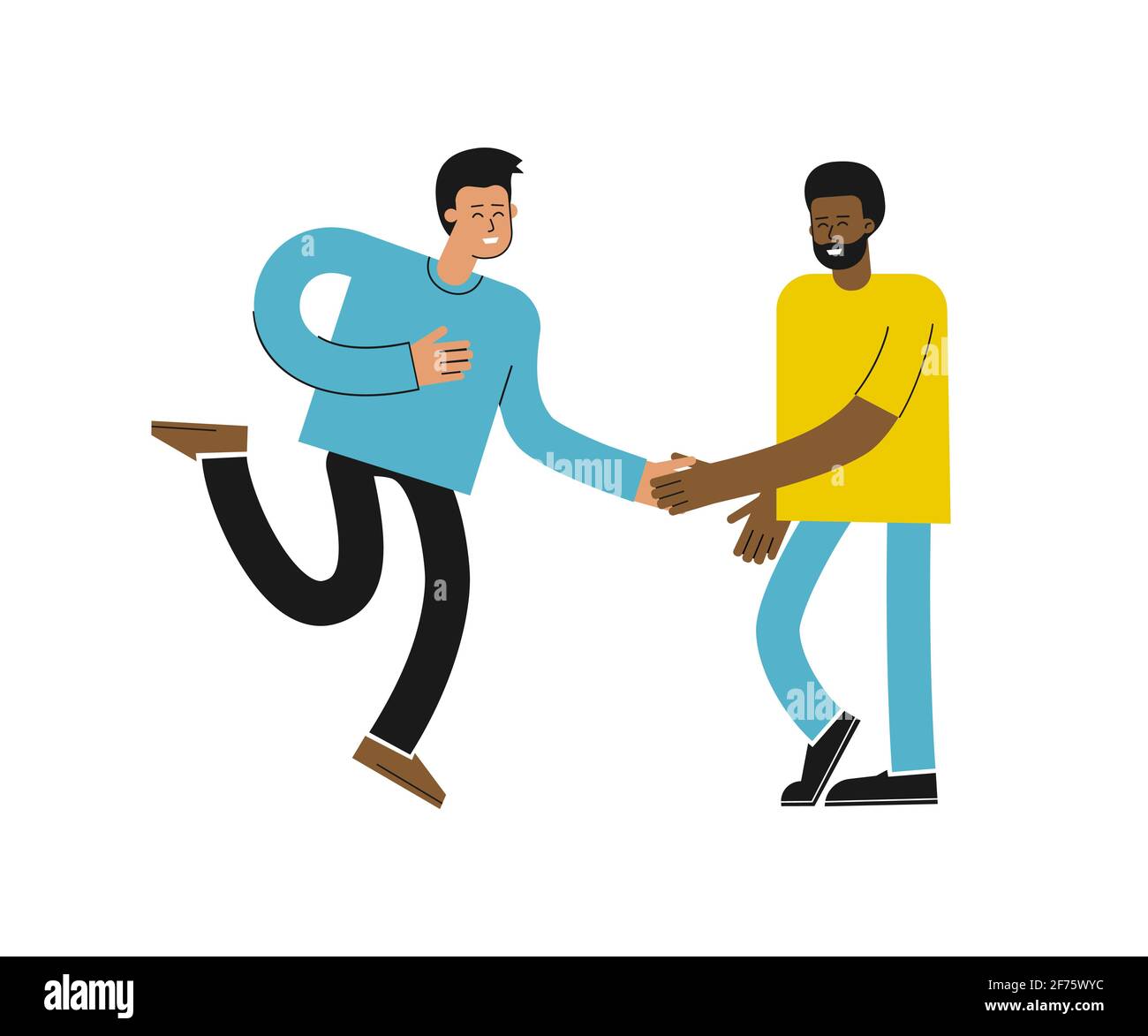 Vector isolated flat concept with cartoon african american and asian men. Cute happy friends met, talk, smile and shake hands. Guy is congratulating Stock Vector