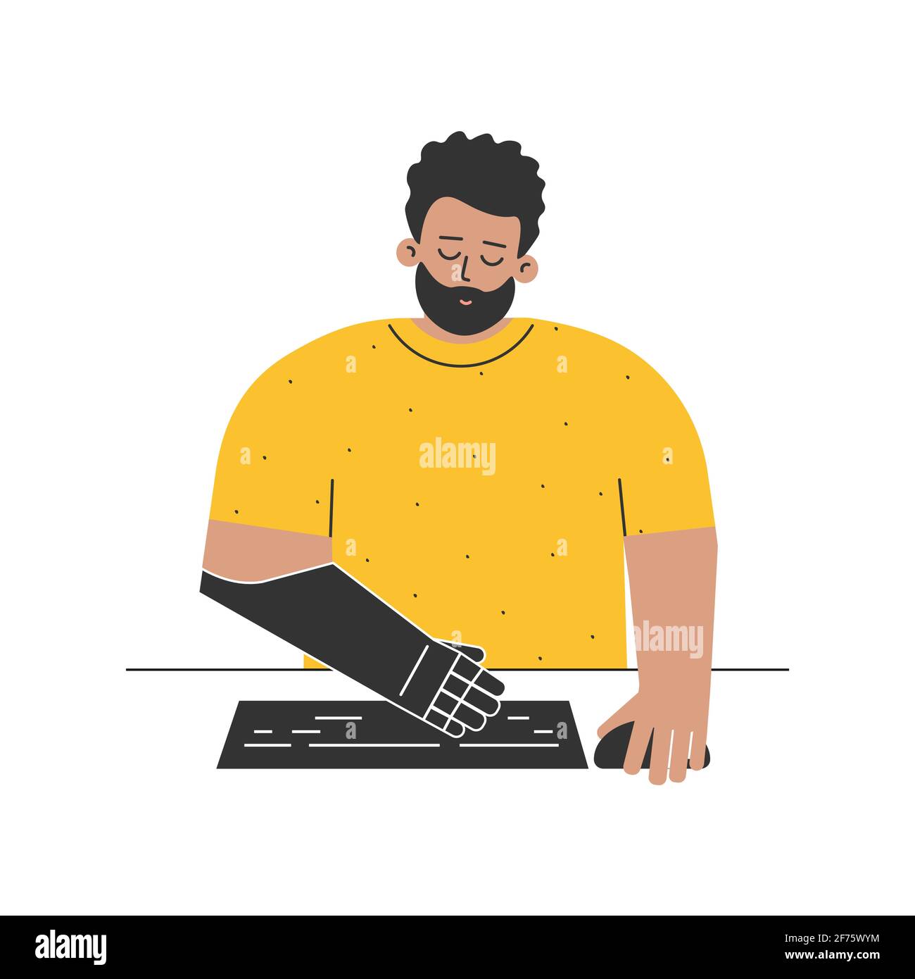 Vector isolated flat illustration with disabled person. Cartoon latin guy has artificial limb. Man with prosthetic hand typing on computer keyboard. Stock Vector