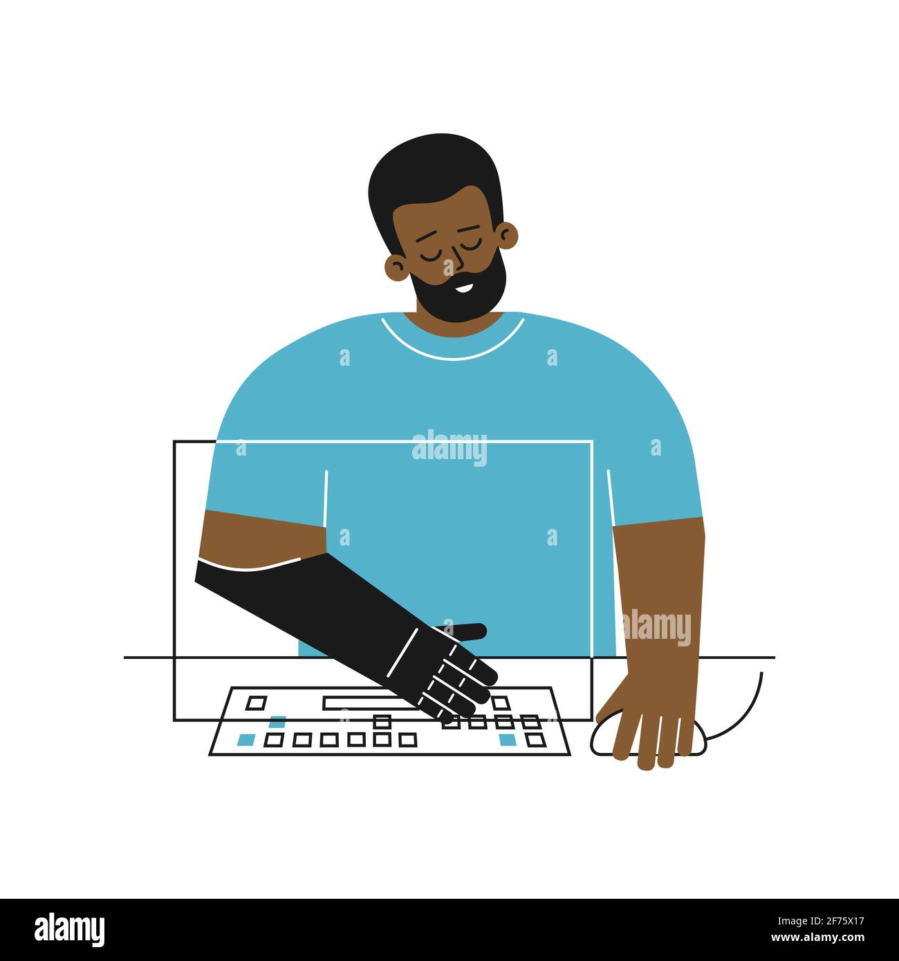 Vector flat concept with disabled person. Cartoon african american guy has artificial limb arm. Man types on computer keyboard using prosthetic arm Stock Vector