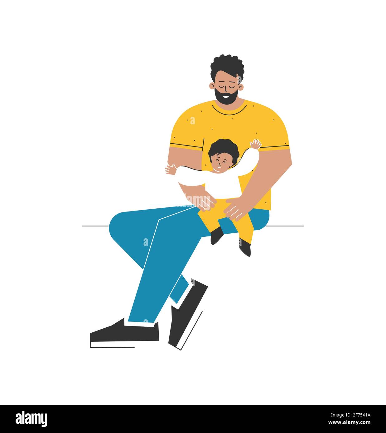 Vector isolated flat illustration. Cartoon latin man sits, holding happy baby on his lap. Dad and his cute child are smiling. Young parent's love Stock Vector