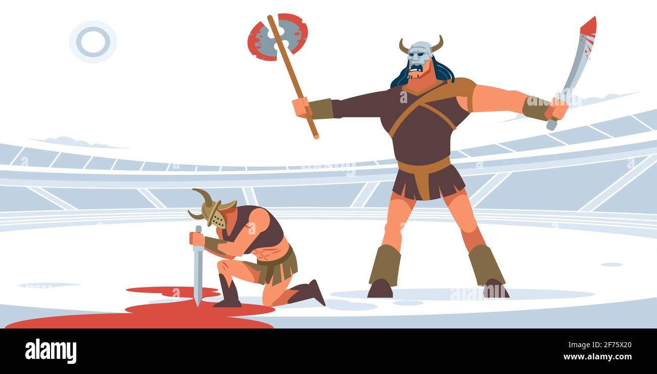 Gladiators fighting in the arena of the Colosseum. A muscular barbarian with a sword and an axe before executing a defeated Gladiator. Vector Flat Stock Vector