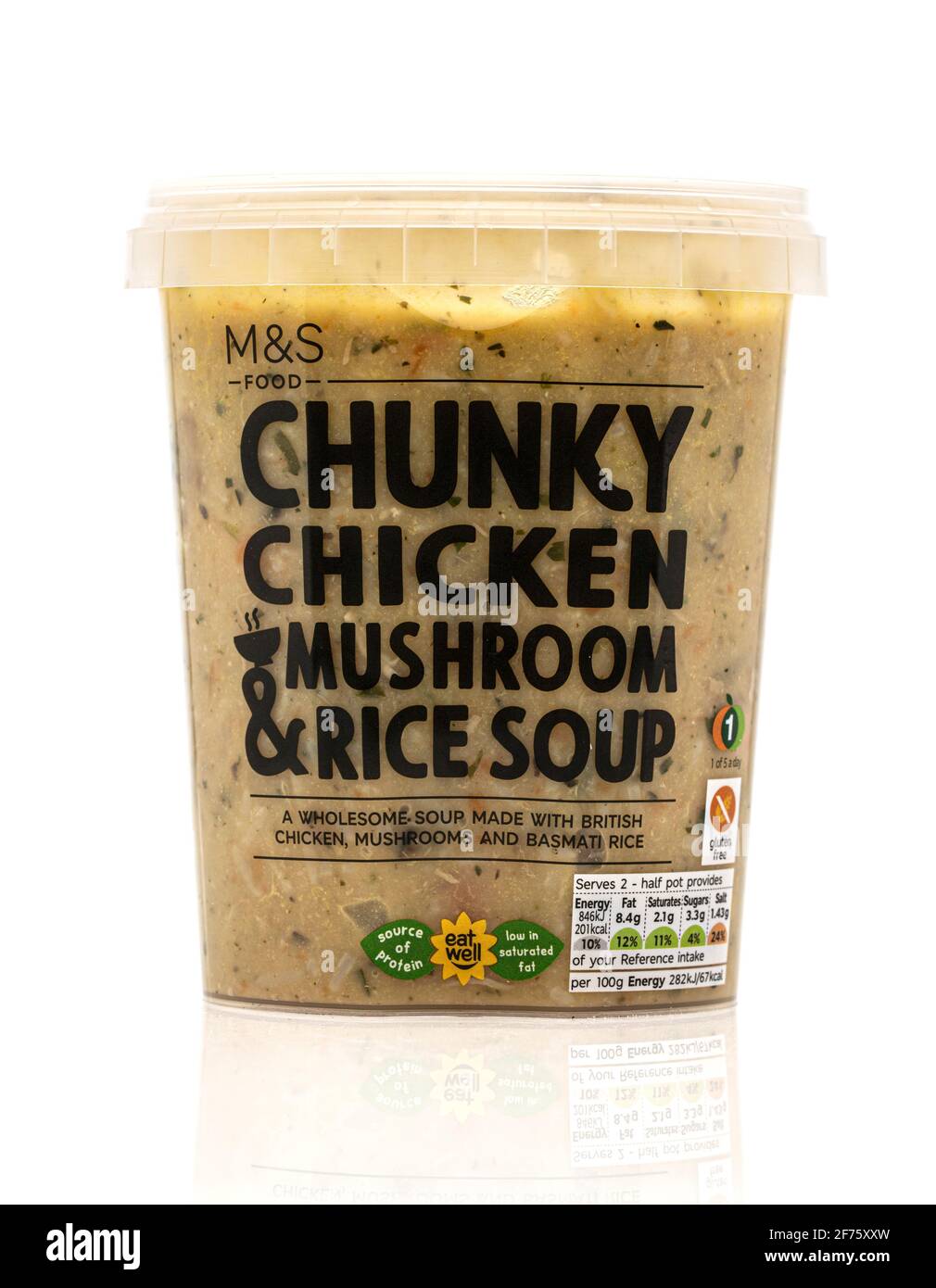 SWINDON, UK APRIL 5, 2021 M&S Chunky Chicken Mushroom & Rice Soup