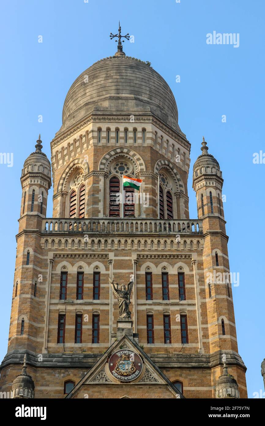 The main tower of the Mumbai Municipal Corporation Building, located in South Mumbai, Maharashtra. Translation: Brihanmumbai Municipal Corporation. Stock Photo