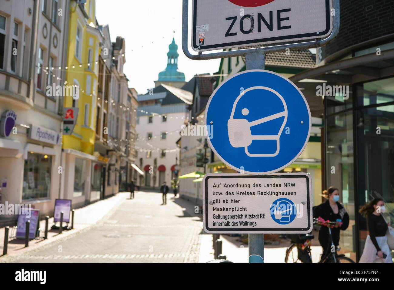 Recklinghausen, North Rhine-Westphalia, Germany - Mask obligation in the old town of Recklinghausen in times of corona crisis at the second lockdown, Stock Photo